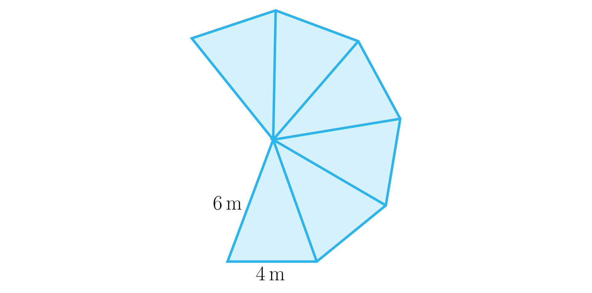 Ilustracja przedstawia siatkę, która składa się z sześciu trójkątów równoramiennych połączonych ze sobą ramionami w taki sposób, że układają się w kształt niepełnego sześciokąta. Ramię trójkąta ma długość 6 metrów, natomiast jego podstawa ma  długość 4 metry. 