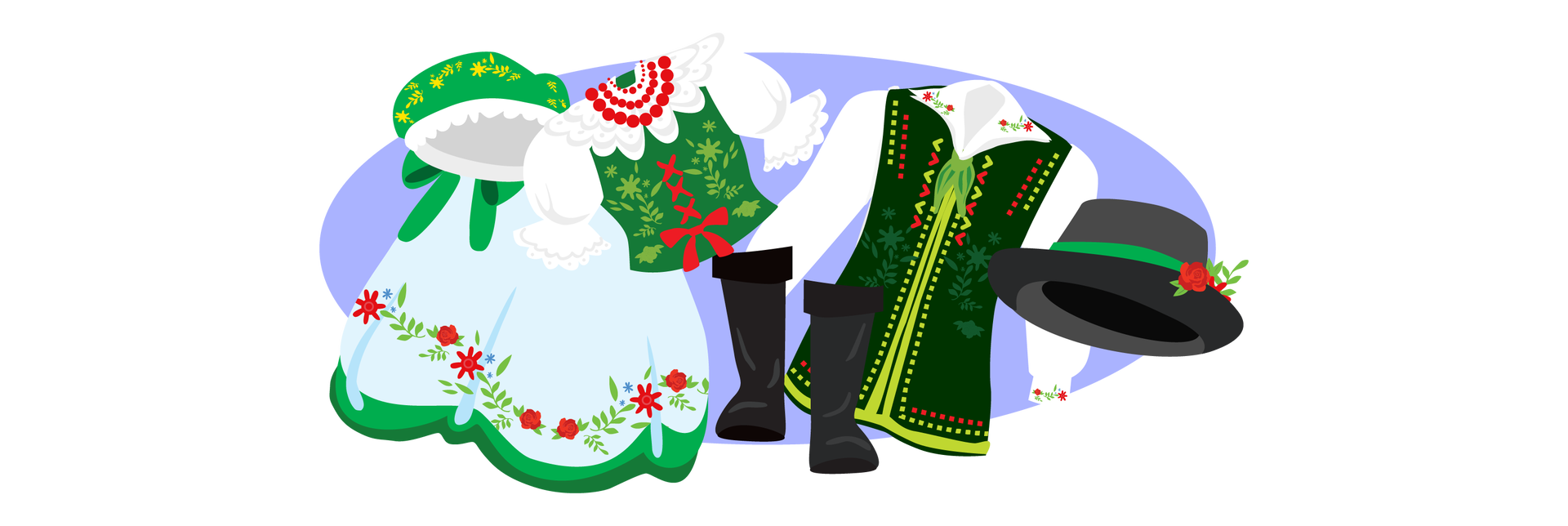 Ilustracja przedstawia elementy strojów kaszubskich na fioletowym tle. Po lewej stronie widać biało‑zieloną chustę wiązaną z tyłu na kokardę. Jest ozdobiona delikatnym wzorem z żółtych kwiatków. Obok znajduje się biało‑zielona spódnica z czerwono‑zielonym kwiatowym wzorem przy brzegu. Dalej na prawo jest biała koszula damska z bufiastymi rękawami i białym kołnierzem oraz zieloną kamizelką wiązaną z przodu czerwoną wstążką. Przy kołnierzu widać czerwone korale. Obok znajdują się wysokie czarne buty męskie. Po prawej stronie jest męska biała koszula z długimi rękawami i kołnierzykiem w haftowany kwiatowy wzór oraz ciemnozieloną kamizelką. Obok widać czarny kapelusz z zieloną tasiemką i czerwonym kwiatkiem.