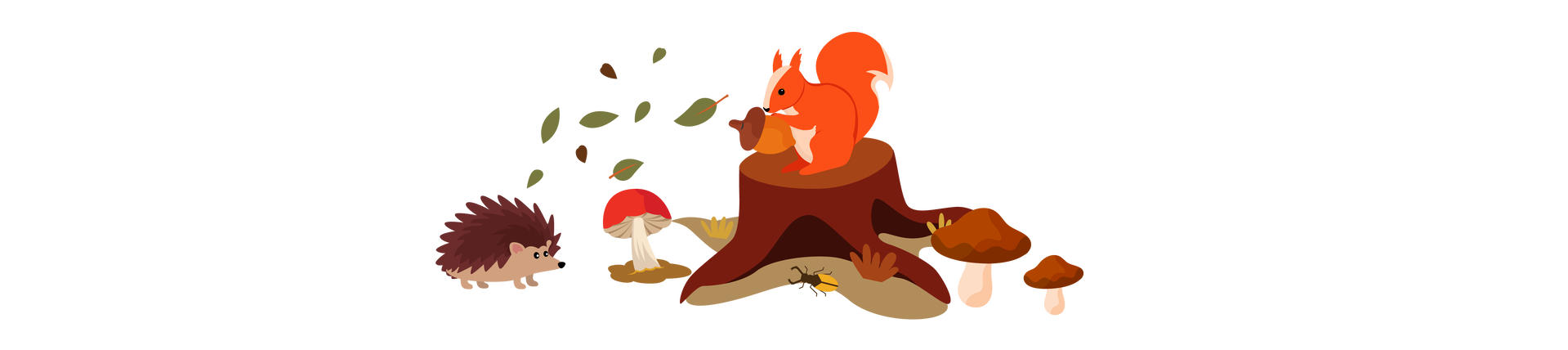 Ilustracja przedstawia pień ściętego drzewa, na którym siedzi pomarańczowa wiewiórka. W łapkach trzyma żołądź. Na prawo od pnia rosną dwa grzyby o brązowych kapeluszach. Obok idzie żółto‑czarny chrząszcz. Na lewo od pnia rośnie muchomor. Nad nim, w powietrzu, unoszą się brązowe i ciemnozielone liście. Po lewej stronie ilustracji stoi brązowy jeż.