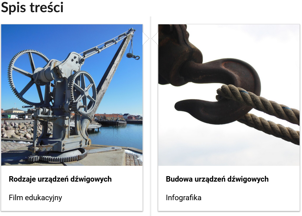 Grafika przedstawia dwa kafelki ze spisu treści. Są umiejscowione obok siebie. Pierwszy od lewej: Zdjęcie okładkowe, poniżej napis: Rodzaje urządzeń dźwigowych. Niżej napis: Film edukacyjny. Drugi: zdjęcie okładkowe, poniżej tytuł. Budowa urządzeń dźwigowych. Niżej: Infografika.