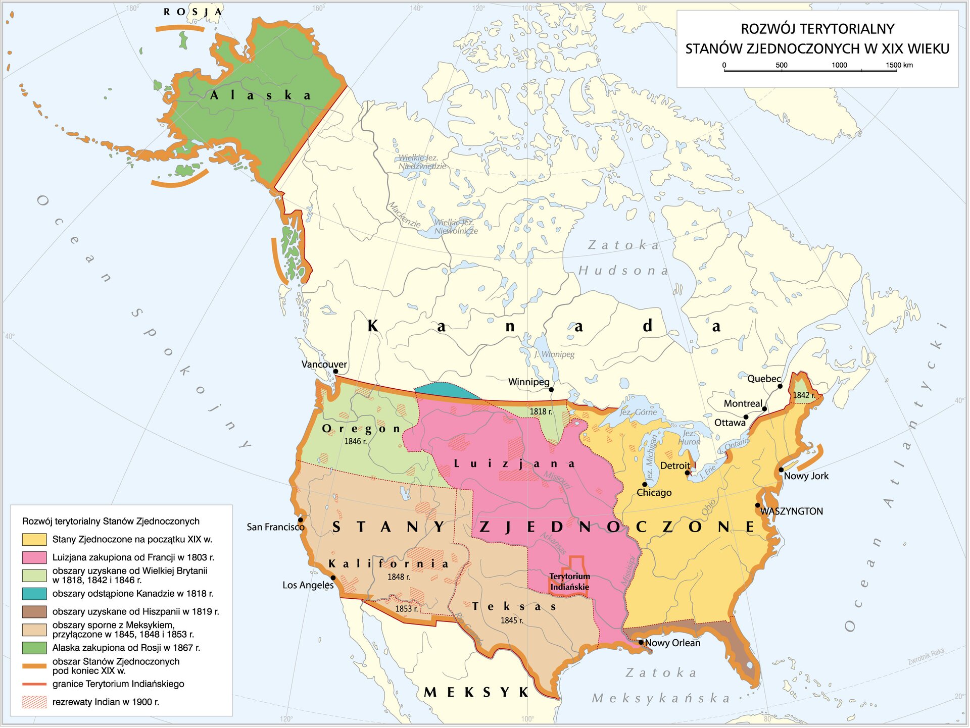 Mapa przedstawiająca rozwój terytorialny USA w XIX wieku. Zielonym kolorem oznaczono terytorium Alaski (zakupioną od Rosji w 1867 r.), jasnozielonym Oregon (obszar uzyskany od Wielkiej Brytanii w 1846 r.), pomarańczowym Kalifornię i Teksas (obszary sporne z Meksykiem, przyłączone w 1845, 1848 i 1853 r.), czerwonym Luizjanę z odznaczonym Terytorium Indiańskim (zakupioną od Francji w 1803 r.). Kolorem żółtym oznaczono terytorium USA w początkach XIX wieku, obejmujące głównie zachodnie wybrzeże. Kraje ukazane na mapie to także Kanada i Meksyk. Kolorem brązowym oznaczono granice USA pod koniec XIX wieku, obejmujące znaczną część jej współczesnego terytorium, bez Półwyspu Kalifornijskiego. Kolorem niebieskim odznaczono fragment terytorium odstąpionego Kanadzie, na północ od Luizjany. Kolorem brązowym oznaczono Florydę (terytorium uzyskane od Hiszpanii w 1819 r.). Popielatym kolorem oznaczono indiańskie rezerwaty, rozsiane po terytoriach Kalifornii, Oregonu, Luizjany i na północ od Chicago. Miasta: San Francisco, Los Angeles, Vancouver, Winnipeg, Chicago, Detroit, Nowy Orlean, Ottawa, Montreal, Quebec, Nowy Jork, Waszyngton. 