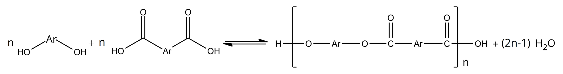 Ilustracja przedstawiająca schemat reakcji polimeryzacji. N cząsteczek o strukturze grupa hydroksylowa OH związana z grupą Ar, która to łączy się z drugą grupą hydroksylową. Dodać n cząsteczek o strukturze grupa COOH związana z grupą Ar, która to łączy się z kolejną grupą COOH. Strzałka w prawo, strzałka w lewo, za strzałką w nawiasie kwadratowym atom tlenu, którego jedno z wiązań wychodzi poza nawias i zakończone jest atomem wodoru, drugie łączy się z grupą Ar związaną z atomem tlenu, który to łączy się z atomem węgla połączonym za pomocą wiązania podwójnego z atomem tlenu oraz za pomocą wiązania pojedynczego z grupą arylową Ar zawiązaną z atomem węgla połączonym za pomocą wiązania podwójnego z atomem tlenu i posiadającym jedno wiązanie wychodzące poza nawias. Dodać dwa n minus jeden cząsteczek wody.