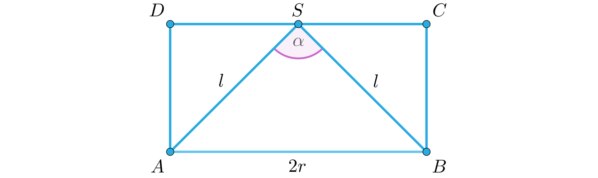 Na ilustracji przedstawiono prostokąt ABCD. Na dłuższym boku DC zaznaczono punkt S, stanowiący jego środek. Zaznaczono trójkąt ASB, którego długość podstawy AB wynosi 2r, natomiast długości ramion wynoszą l. ∠ASB oznaczono przez alfa.