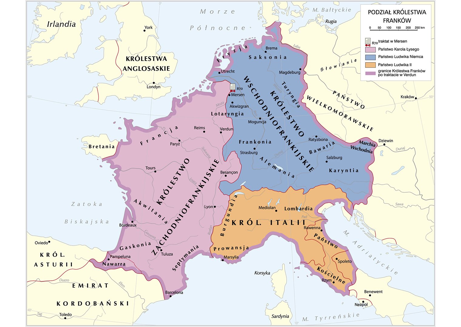 Grafika mapy przedstawiającej podział królestwa Franków.