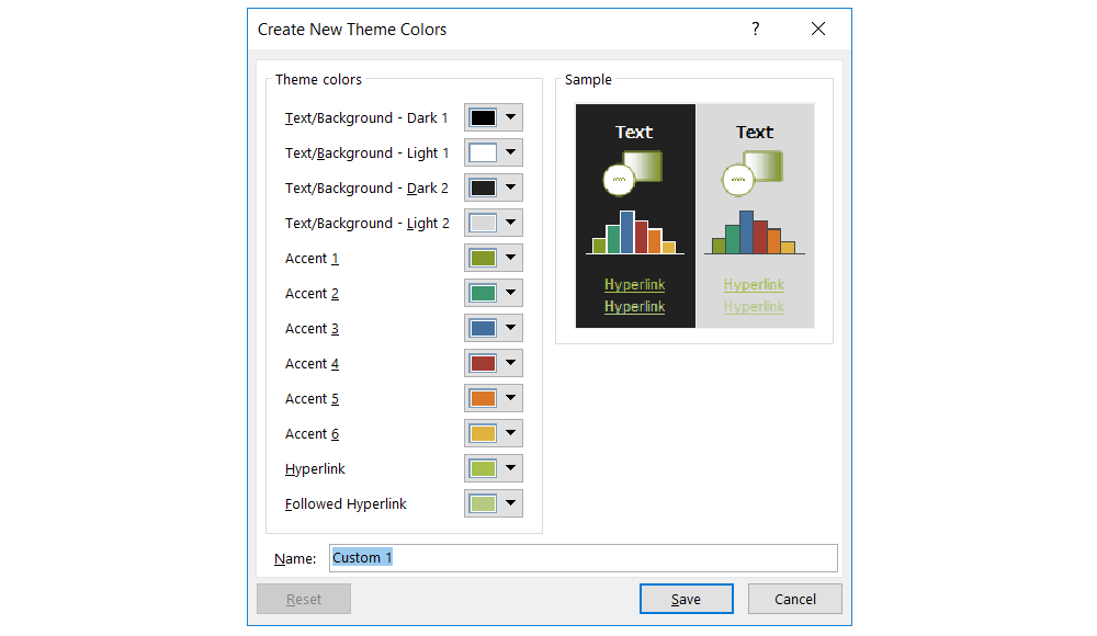 Zrzut ekranu przedstawia formatkę umożliwiającą formatowanie kolorów linków, tworzenie motywów: Create new Theme Colors. Po lewej stronie listy rozwijane palet kolorów, umieszczone jedna pod drugą: Text/Background - Dark 1, Text/Background - Light 1, Text/Background - Dark 2, Text/Background - Light 2, Accent 1, Accent 2, Accent 3, Accent 4, Accent 5, Accent 6, Hyperlink, Followed Hyperlink. Po prawej stronie podgląd tworzonego motywu kolorów: Sample. Na dole formatki pole tekstowe do wpisania nazwy motywu zatytułowane Name. Na dole trzy przyciski Reset, Save oraz Cancel.