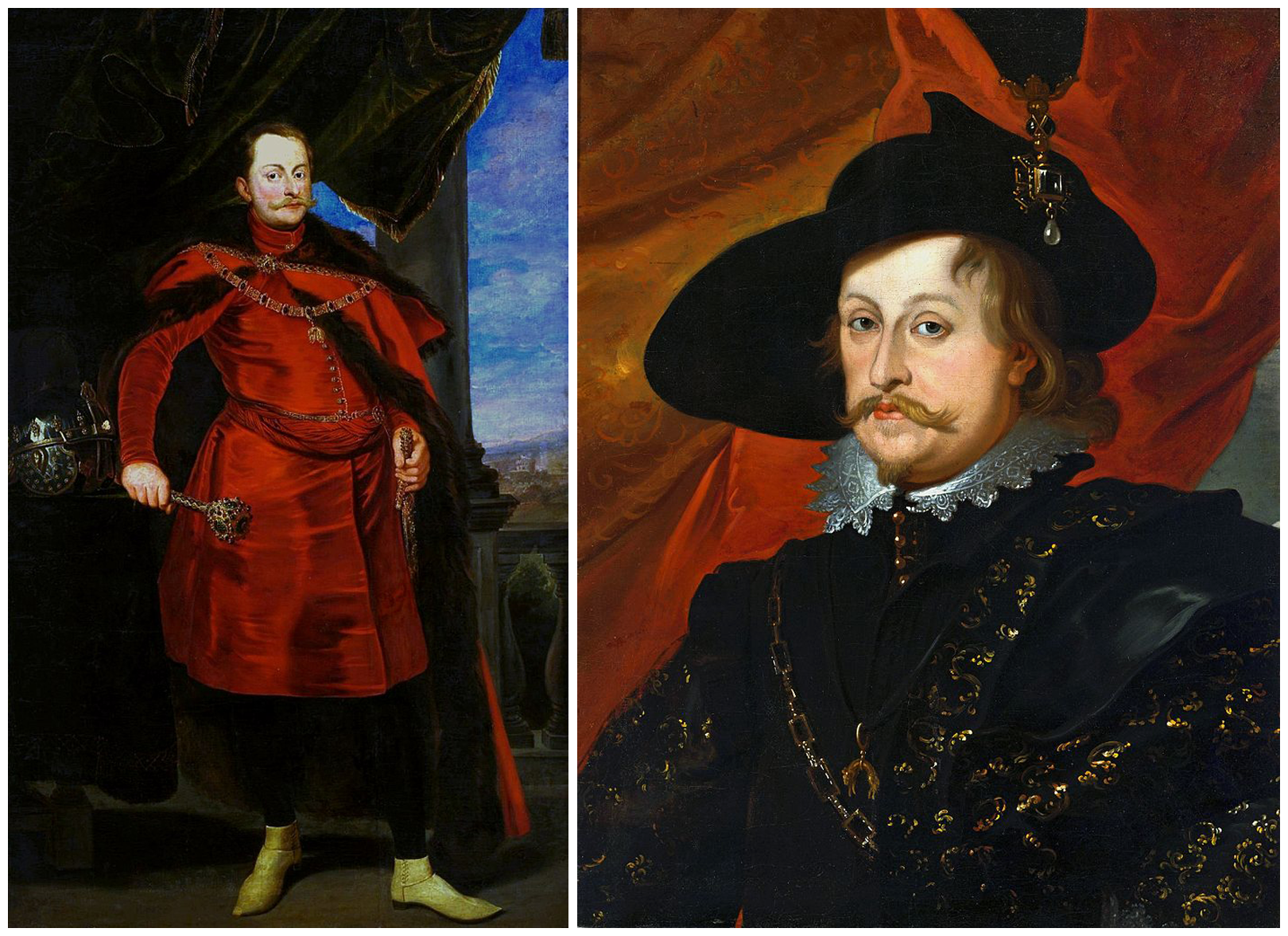 Ilustracja składa się z dwóch obrazów. Na obrazie z lewej portret trzydziestoletniego królewicza Władysława Wazy w żupanie wykonanym z adamaszku, na który narzucono podbitą futrem delię. Wydatny brzuch królewicza podtrzymuje materiałowy pas, do którego z lewej strony przytwierdzona jest szabla. Na nogach Władysław ma wełniane pończochy i skórzane mokasyny. W prawej dłoni dzierży berło. Szyję zdobi mu ozdobiony klejnotami łańcuch z amuletem. Po lewej stronie obrazu na stoliku znajduje się husarski szyszak. Na prawo obraz pokazujący królewicza Władysława Wazę ubranego w strój hiszpański i pozującego na muszkietera - awanturnika. Królewicz ma falujące blond włosy, które opadają na kark. Nosi hiszpańską bródkę i sumiaste, podkręcone na końcach wąsy. Na głowie ma filcowy kapelusz ozdobiony egretą z klejnotów i piór. Królewicz nosi atłasowy kaftan ozdobiony koronkowymi mankietami i takim samym kołnierzykiem. Na niego narzucił lekko podwatowany aksamitny wams zapinany z przodu na rząd małych guzików. Szyję zdobi amulet na wstążce i szmaragdowy łańcuch. 