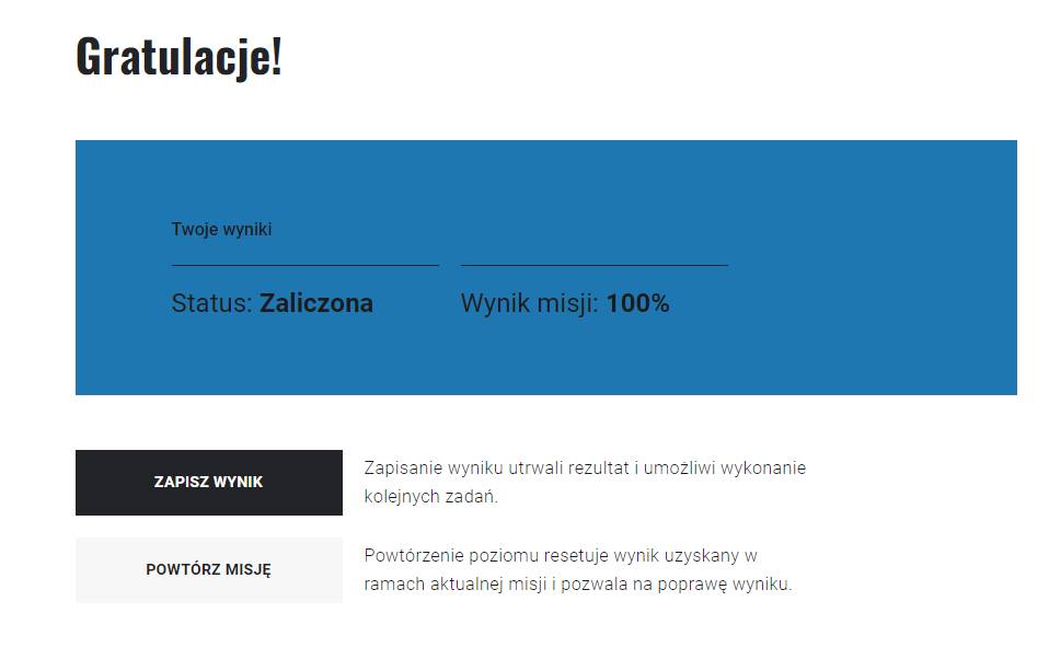 Ekran gry po zaliczeniu misji.