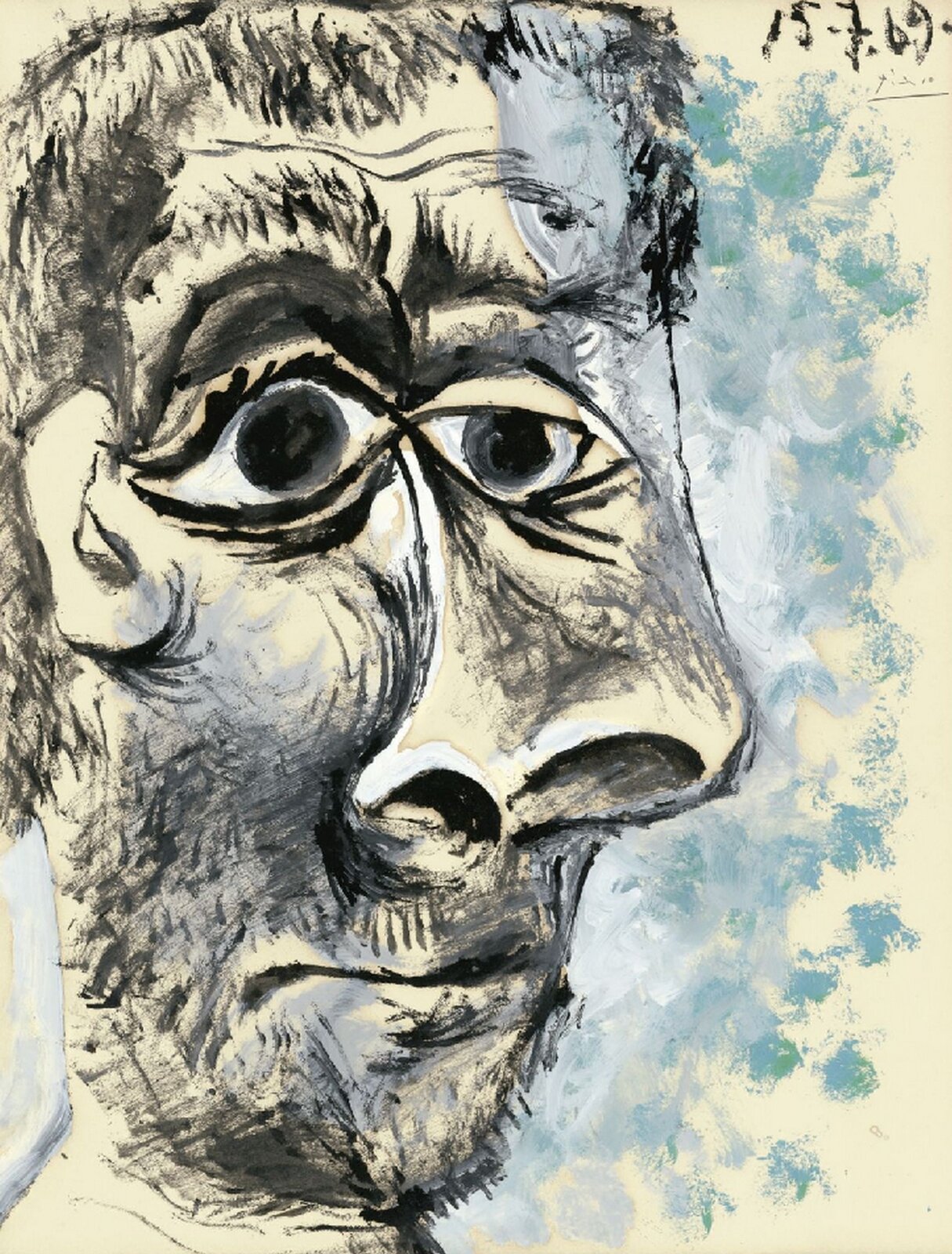 Ilustracja przedstawia obraz Pablo Picasso, „Głowa człowieka (Autoportret)” z 1969. Jest to olej i tusz na papierze. Jest to głowa mężczyzny, który ma krótki zarost i włosy. Widać duże oczy i duży wykrzywiony nos.