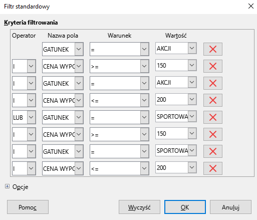 Ilustracja przedstawia okno związane z Filtrem standardowym. W Kryteriach filtrowania są pola dotyczące Operatora, Nazwy pola, Warunku, Wartości. W polach pod Operatorem jest kolejno zapis: I, I, I, LUB, I, I, I. Pod Nazwą pola naprzemiennie: Gatunek, Cena wypożyczenia. W poziomie pola można odczytać następująco: Nazwa pola: gatunek, Warunek =, Wartość: Akcji, czerwony krzyżyk. Nazwa pola: Cena wypożyczenia, Warunek &gt;=, Wartość 150, czerwony krzyżyk. Nazwa pola: Gatunek, Warunek =, Wartość: Akcji, czerwony krzyżyk. Nazwa pola: Cena wypożyczenia, Warunek: &lt;=, Wartość: 200, czerwony krzyżyk. Nazwa pola: Gatunek, Warunek: =, Wartość: Sportowa, czerwony krzyżyk. Nazwa pola: Cena wypożyczenia, Warunek: &gt;=, Wartość 150, czerwony krzyżyk. Nazwa pola: gatunek, Warunek =, Wartość: Sportowa, czerwony krzyżyk. Nazwa pola: Cena wypożyczenia, Warunek: &lt;=, Wartość: 200, czerwony krzyżyk. Na dole okna zastosowano przycisk OK.             