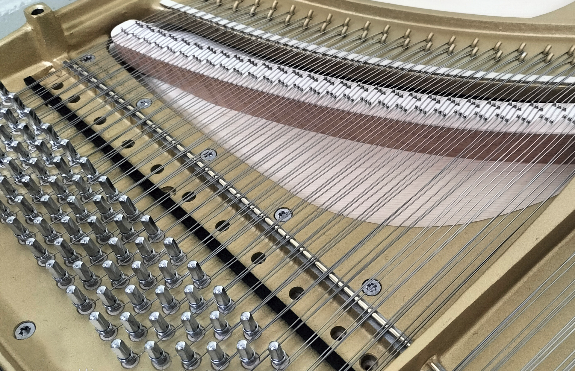 Zdjęcie przedstawia fragment strojnicy i ramy żeliwnej. Od metalowych kołków stroikowych w dolnej lewej części odchodzą wiązki drutów stalowych, które kończą się na kołkach zaczepowych w górnej prawej części na ramie żeliwnej.