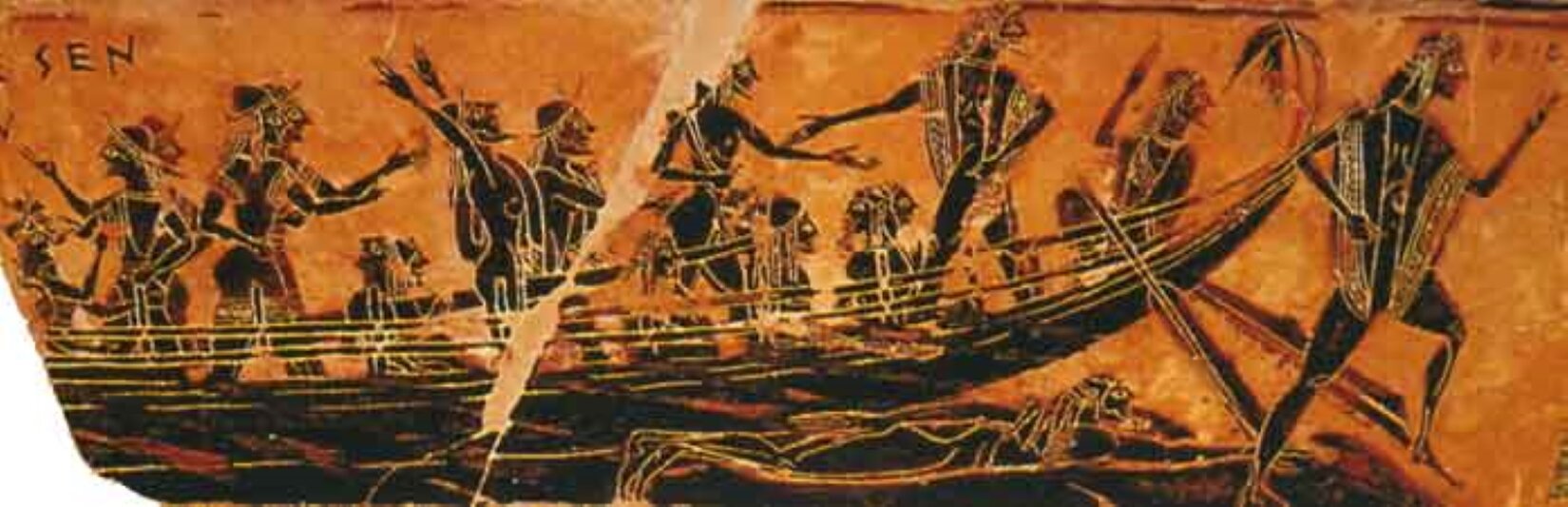 Dzieło przedstawia przykład malarstwa czarnofigurowego, na którym widoczny jest okręt przycumowany do brzegu. Na statku znajduje się grupa osób, część z nich ma uniesione dłonie. Wszyscy odziani są w podobne, krótkie stroje oraz dekoracyjne elementy nakrycia głowy. Postaci skierowane są ku prawej stronie, tylko dwóch mężczyzn ukazano poza statkiem - jeden z nich stoi tuż przed okrętem, a drugi leży przy brzegu, pod jego stopami . W lewym górnym rogu jest napis SEN.