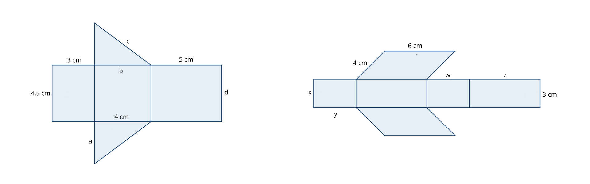 Rysunek po lewej przedstawia siatkę graniastosłupa prostego o podstawie trójkąta prostokątnego. Siatka składa się z elementów, od lewej: prostokąt o wymiarach lewa krawędź boczna 4,5 cm i krawędź górna 3 cm, prostokąt o wymiarach krawędź górna b, krawędź dolna 4 cm, prostokąt o wymiarach krawędź górna 5 cm, prawa krawędź boczna d. Nad środkowym prostokątem trójkąt prostokątny styczny przyprostokątną z przeciwprostokątną o wymiarze c. Pod środkowym prostokątem trójkąt prostokątny styczny przyprostokątną, którego nieprzylegająca przyprostokątna ma wymiar a. Rysunek po prawej przedstawia siatkę graniastosłupa prostego o podstawie równoległoboku. Siatka składa się z elementów, od lewej: prostokąt o wymiarach lewa krawędź boczna x i krawędź dolna y, prostokąt, prostokąt krawędź  górna o wymiarze w, prostokąt o wymiarach krawędź górna z, prawa krawędź boczna 3 cm. Nad drugim prostokątem od lewej równoległobok styczny dłuższym bokiem o wymiarach 6 cm i 4 cm. Pod drugim prostokątem od lewej równoległobok styczny dłuższym bokiem.