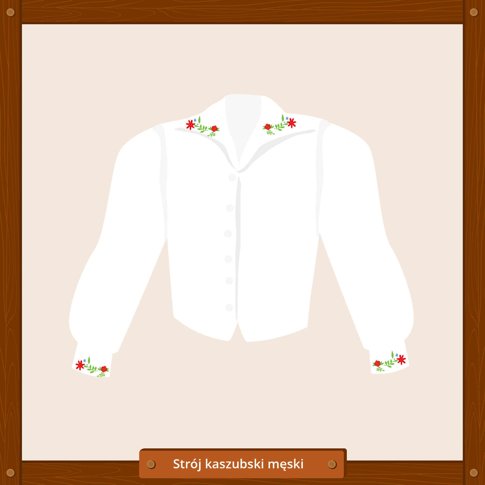 Ilustracja przedstawia element stroju kaszubskiego męskiego, jakim jest biała koszula z długimi rękawami. Przy kołnierzu i mankietach posiada delikatny kwiatowy wzór.
