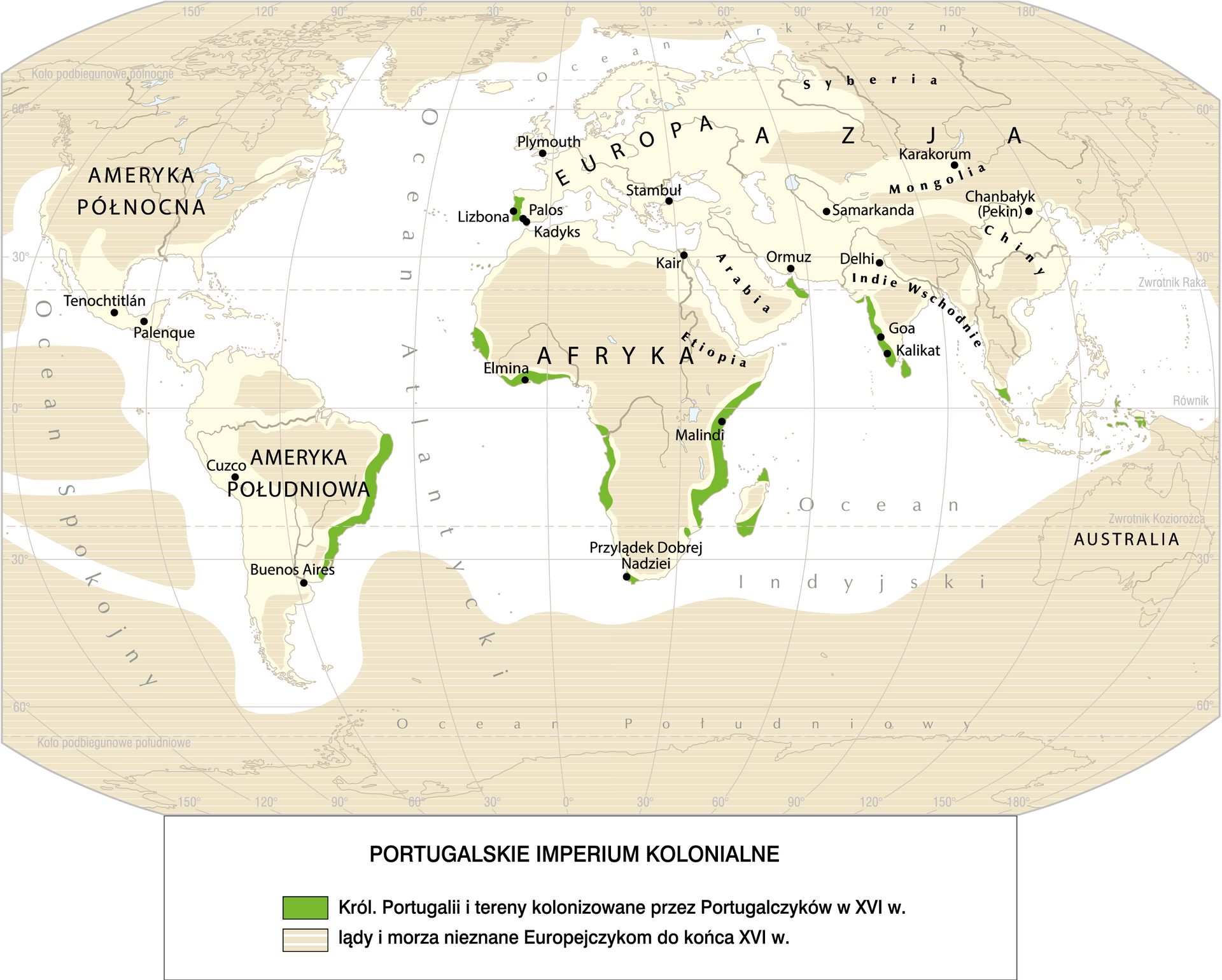 Kliknij, aby powiększyć Na mapie zaznaczono:
Królestwo Portugalii i tereny kolonizowane przez Portugalczyków w XVI w.:
zachodni i wschodni brzeg Afryki (miasto Elmina, Malindi) oraz Przylądek Dobrej Nadziei. Także południowa i północna część Madagaskaru,
wschodni brzeg Ameryki Południowej,
Półwysep Iberyjski w części obecnej Portugalii (Lizbona),
południowo‑zachodnia część Indii (Goa, Kalikat),
południowa cześć Półwyspu Malajskiego,
cześć dzisiejszego Omanu
Lądy i morza nieznane Europejczykom do końca XVI wieku: Syberia, część Indii, Australia, Ocean Południowy, część Ameryki Południowej, częściowo Afryka, większa część Azji, większa część Ameryki Północnej