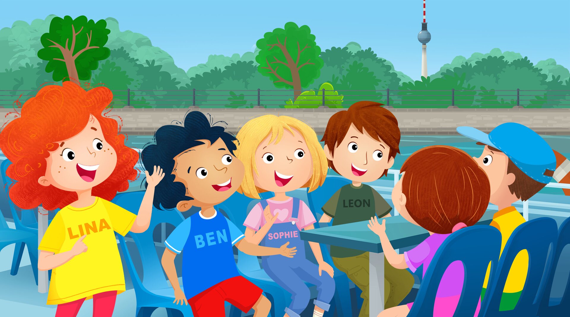 Ilustracja przedstawia sześcioro  uśmiechniętych dzieci siedzących na pokładzie statku. Mają na sobie koszulki z imieniem.