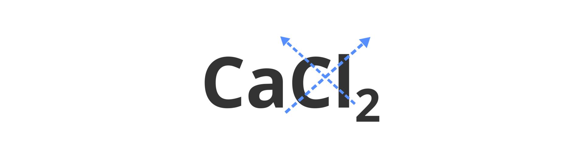 Na ilustracji znajduje się wzór sumaryczny chlorku wapnia c a ce el dwa. Współczynniki stechiometryczne przenoszone są na krzyż w górę nad symbole sąsiadujących we wzorze symboli atomów, co ilustrują niebieskie ukośne strzałki.