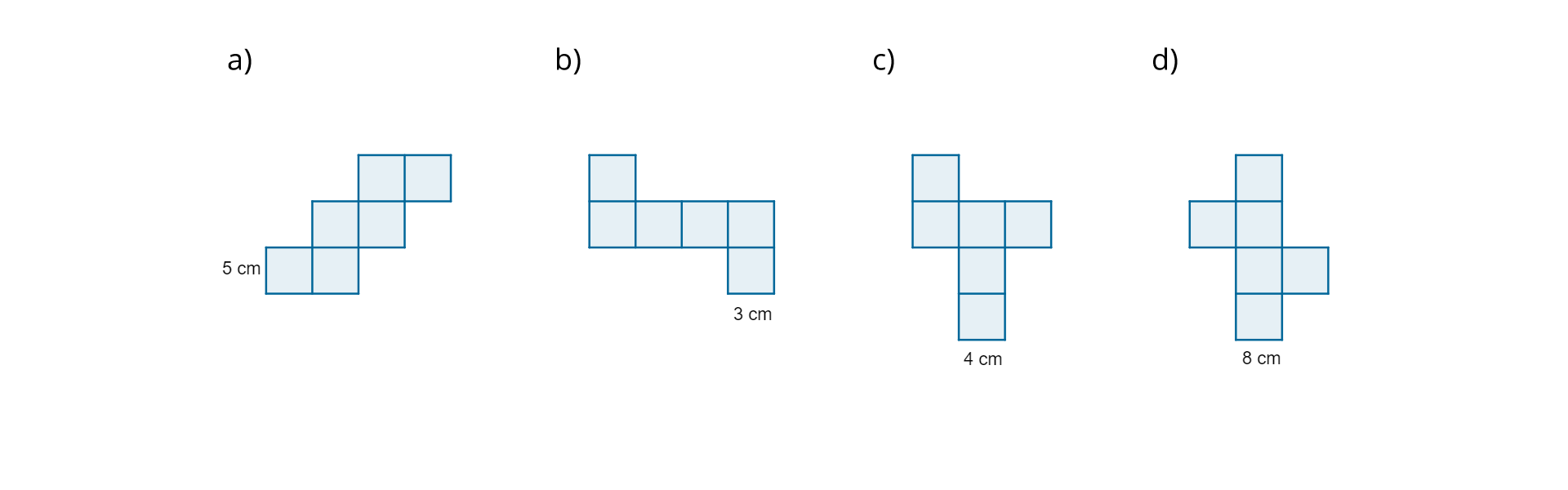 Rysunek przedstawia 4 siatki sześcianów. W punkcie a bok jest równy 5 cm, w punkcie b bok jest równy 3 cm, w punkcie c bok jest równy 4 cm, w punkcie d bok jest równy 8 cm.