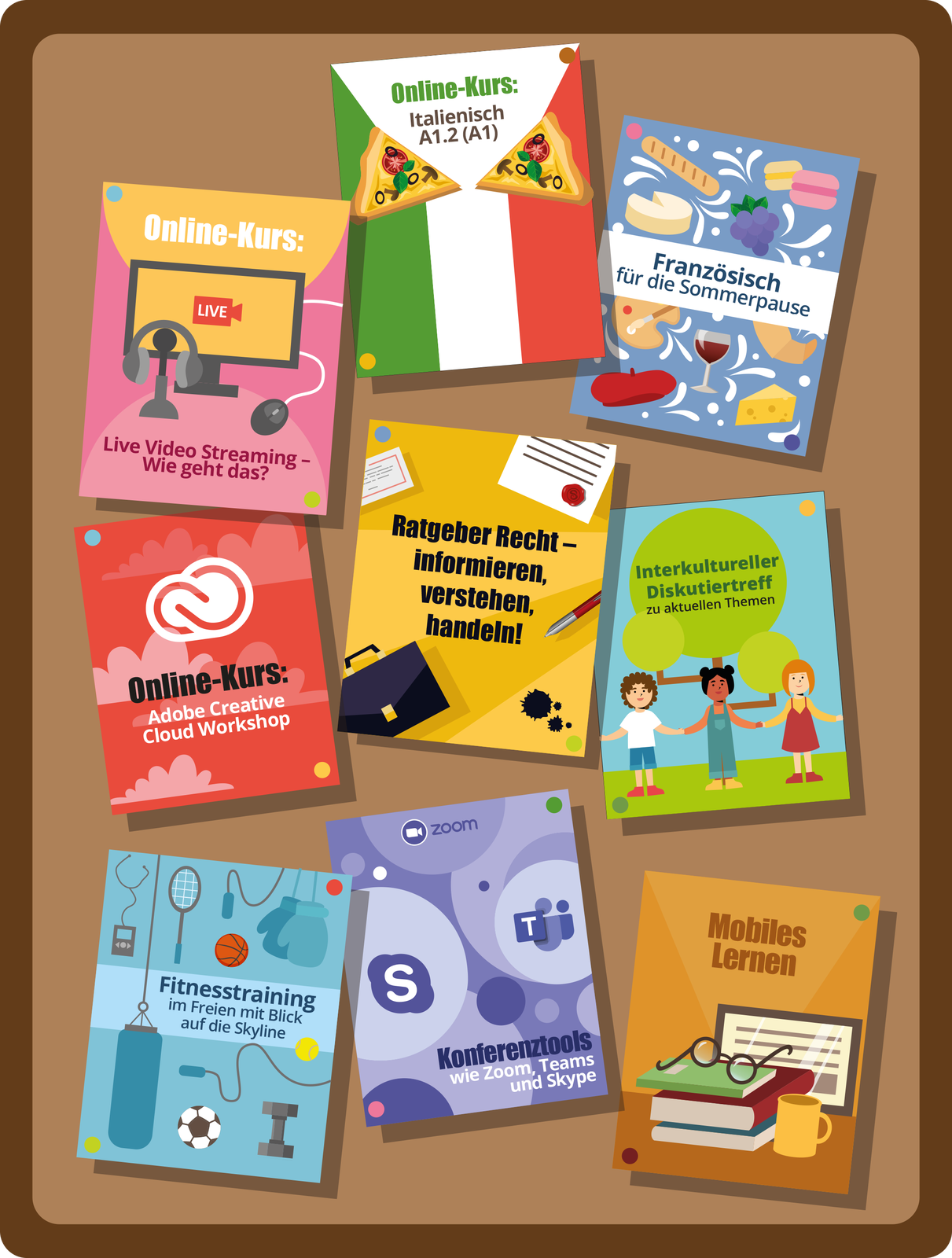 Grafika przedstawia dziewięć plakatów. Plakat pierwszy przedstawia ekran komputerowy, myszkę i słuchawki. Online‑Kurs: Live Video Streaming – Wie geht das? Plakat drugi przedstawia flagę włoską i dwa kawałki pizzy Online‑Kurs: Italienisch A1.2 (A1). Plakat trzeci przedstawia różne sery, bagietki, wino w kieliszku.Französisch für die Sommerpause . Plakat czwarty przedstawia różne chmury.Online‑Kurs: Adobe Creative Cloud Workshop. Plakat piąty przedstawia zapisane kartki papieru, długopis, teczkę, plamę z atramentu.Ratgeber Recht – informieren, verstehen, handeln!. Plakat szósty przedstawia troje dzieci stojących pod drzewem i trzymających się za ręce.Interkultureller Diskutierteff zu aktuellen Themen . Plakat siódmy przedstawia wirek treningowy, piłki do piłki nożnej i koszykówki, skakankę, hantlę, rakietę do tenisa, rękawice bokserskie.Fitnesstraining im Freien mit Blick auf die Skyline. Plakat ósmy przedstawia logotypy Skype, Teams, Zoom.Konferenztools wie Zoom, Teams und Skype. Plakat dziewiąty przedstawia leżące na stosie książek okulary, stojący obok nich kubek, a w tle włączony monitor komputera.Moblile Lernen.