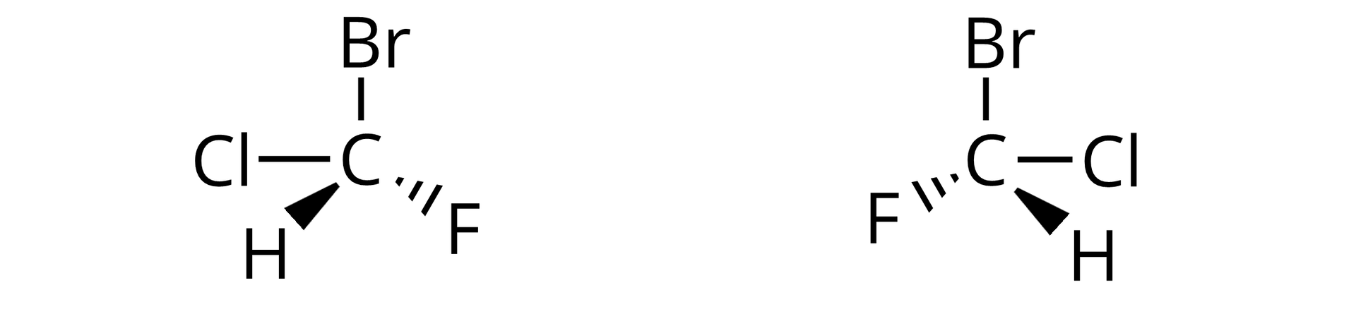 Ilustracja przedstawiająca dwa związki, to jest bromochlorofluorometan. W pierwszym związku atom bromu odchodzi do góry od atomu węgla i znajduje się z nim w jednej płaszczyźnie. W lewą stronę odchodzi atom chloru, który również znajduje się w tej płaszczyźnie. W prawą stronę po skosie do dołu odchodzą atom wodoru i atom fluoru. Atom wodoru znajduje się przed płaszczyzną, a atom fluoru za płaszczyzną. Obok znajduje się druga cząsteczka będąca odbiciem lustrzanym pierwszej i składająca się z atomu węgla, od którego do góry odchodzi wiązanie łączące go z atomem bromu. W prawo odchodzi wiązanie łączące go z atomem chloru. Trzy wspomniane atomy znajdują się w jednej płaszczyźnie. Ponadto od atomu węgla w lewo, w dół po skosie odchodzą atom wodoru oraz atom fluoru tak, że atom wodoru znajduje się przed płaszczyzną, a atom fluoru za płaszczyzną. 