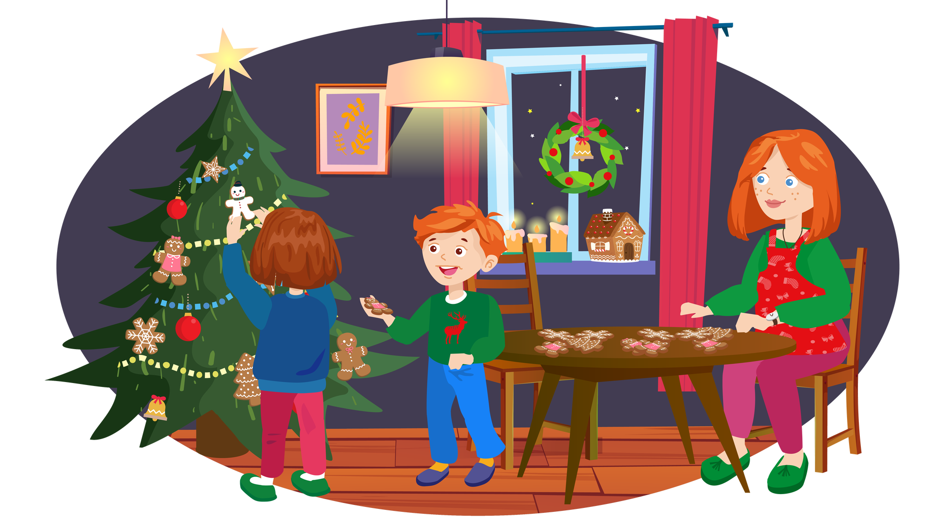 Ilustracja przedstawia salon w domu Franka i Mai. W tle widać granatową ścianę z oknem, za którym jest nocne niebo z gwiazdami. Na parapecie stoją trzy zapalone świece i domek z piernika. Nad oknem wisi granatowy karnisz z ciemnoróżowymi zasłonami, a nieco niżej ozdobny zielony wieniec ze złotym dzwoneczkiem, czerwonymi bombkami i ciemnoróżową kokardą. Z okna zwisa okrągła lampa dająca ciepłe światło. Po lewej stronie wisi na ścianie obrazek w pomarańczowej ramce, przedstawiający pomarańczowe gałązki z liśćmi na fioletowym tle. Poniżej stoi na podłodze choinka ozdobiona żółtymi i niebieskimi łańcuchami, czerwonymi bombkami, dzwoneczkami, złotą gwiazdą na czubku i kilkoma piernikami. Po prawej stronie ilustracji stoją okrągły ciemnobrązowy stół i dwa brązowe krzesła. Na prawym krześle siedzi mama Franka i Mai w czerwonym fartuszku w świąteczne wzory. Na blacie stołu leżą pierniki w różnych kształtach, które dzieci wieszają na choince. Franek stoi po lewej stronie stołu, szeroko się uśmiecha i wyciąga w stronę choinki rękę z pierniczkiem w kształcie ludzika. Obok stoi tyłem Maja, która wiesza na choince piernik w kształcie bałwana.