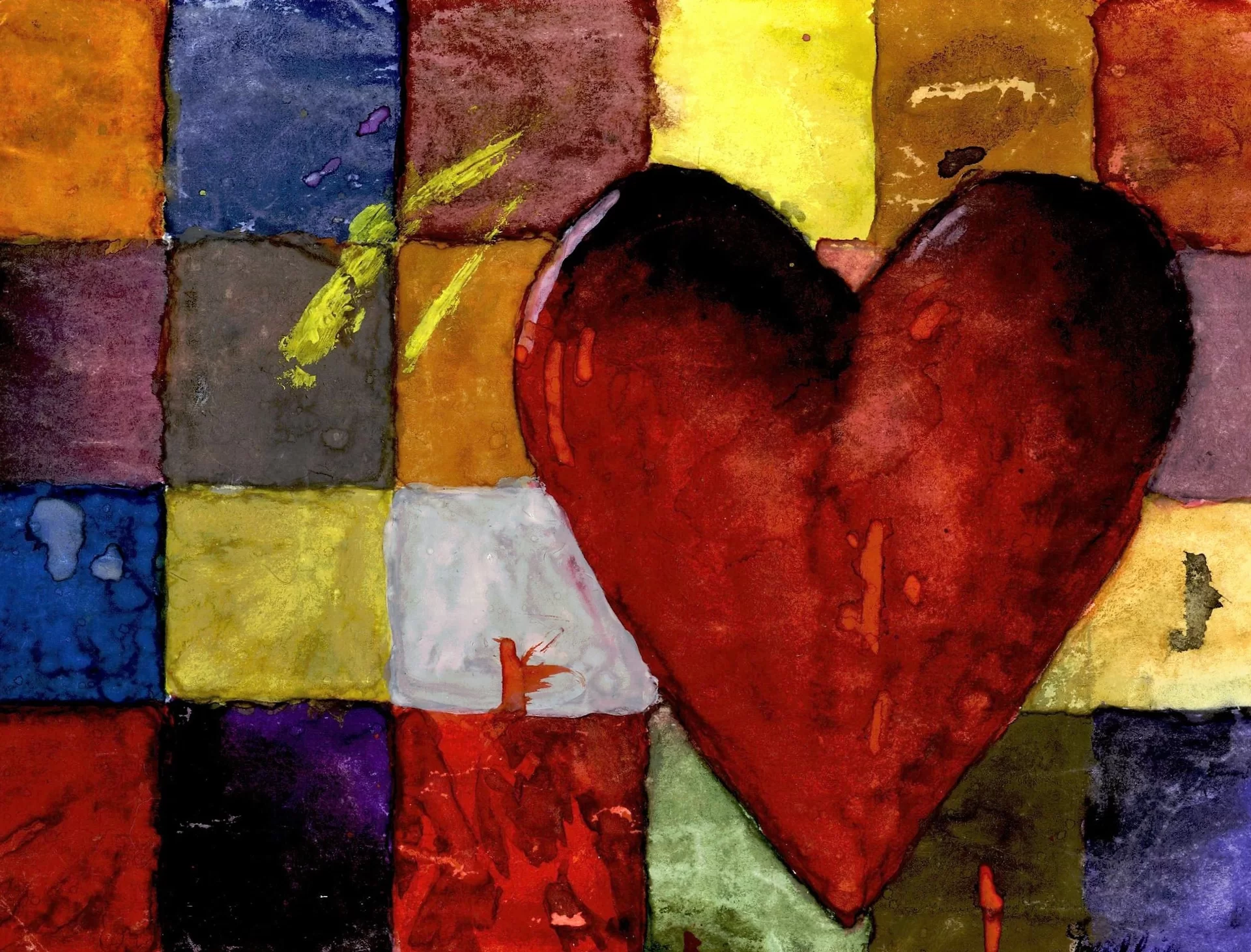 Ilustracja przedstawia obraz „Nazywam się Jim Dine 2”, autorstwa Jima Dine. Z prawej strony kompozycji ukazane jest duże, czerwone serce. Tło stanowi podzielona na małe, kolorowe kwadraty płaszczyzna, gdzieniegdzie poprzecierana żółtym i czerwonym kolorem. Obraz malowany jest ciemnymi, intensywnymi farbami laserunkowymi. Artysta nałożył kolor swobodnie widocznymi pociągnięciami pędzla. Wyraźną dominantę stanowi czerwona, duża płaszczyzna serca, która wybija się na pierwszy plan kompozycji. Obraz utrzymany jest w szerokiej gamie barw.