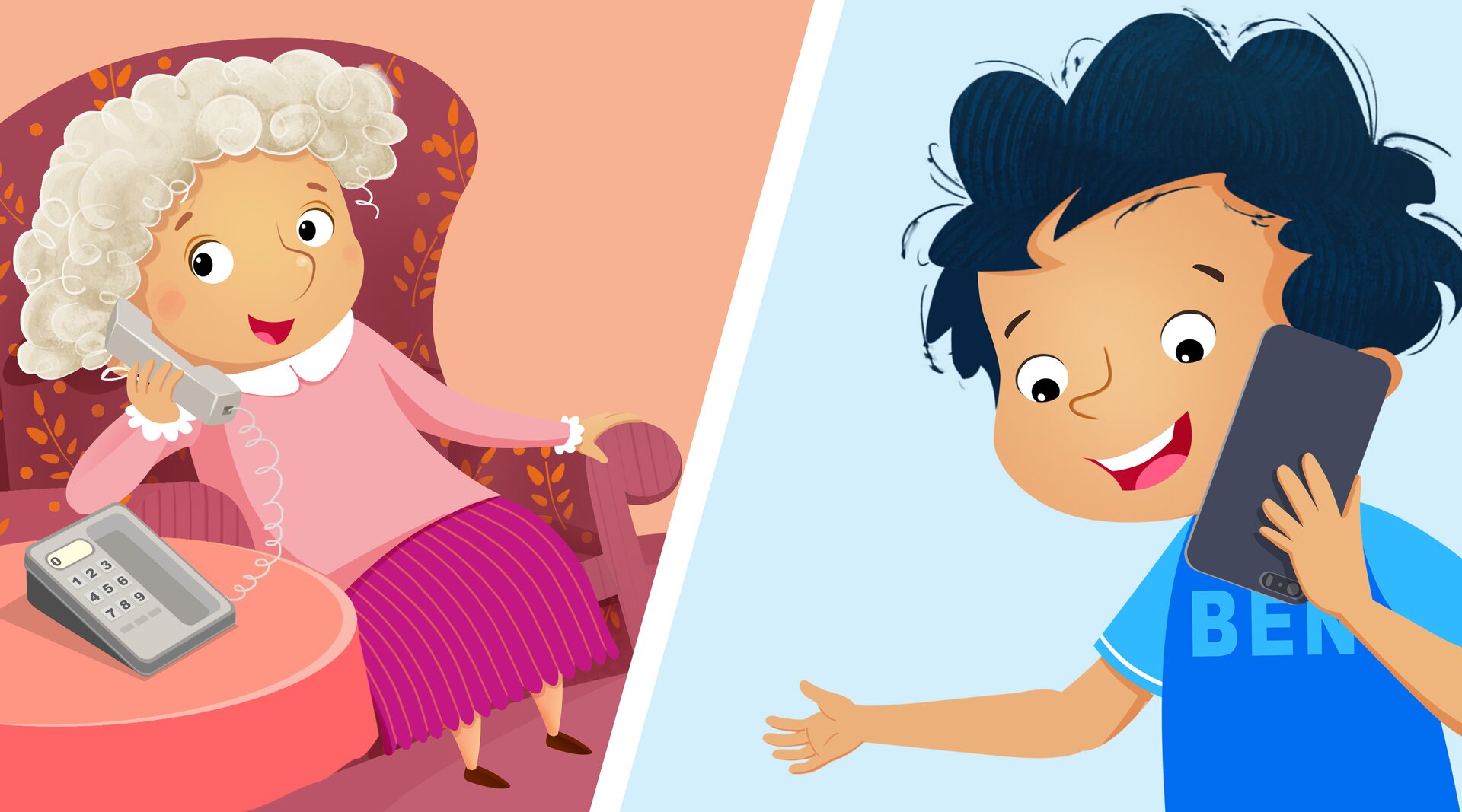 Ilustracja przedstawia babcię i chłopca. Rozmawiają przez telefon.