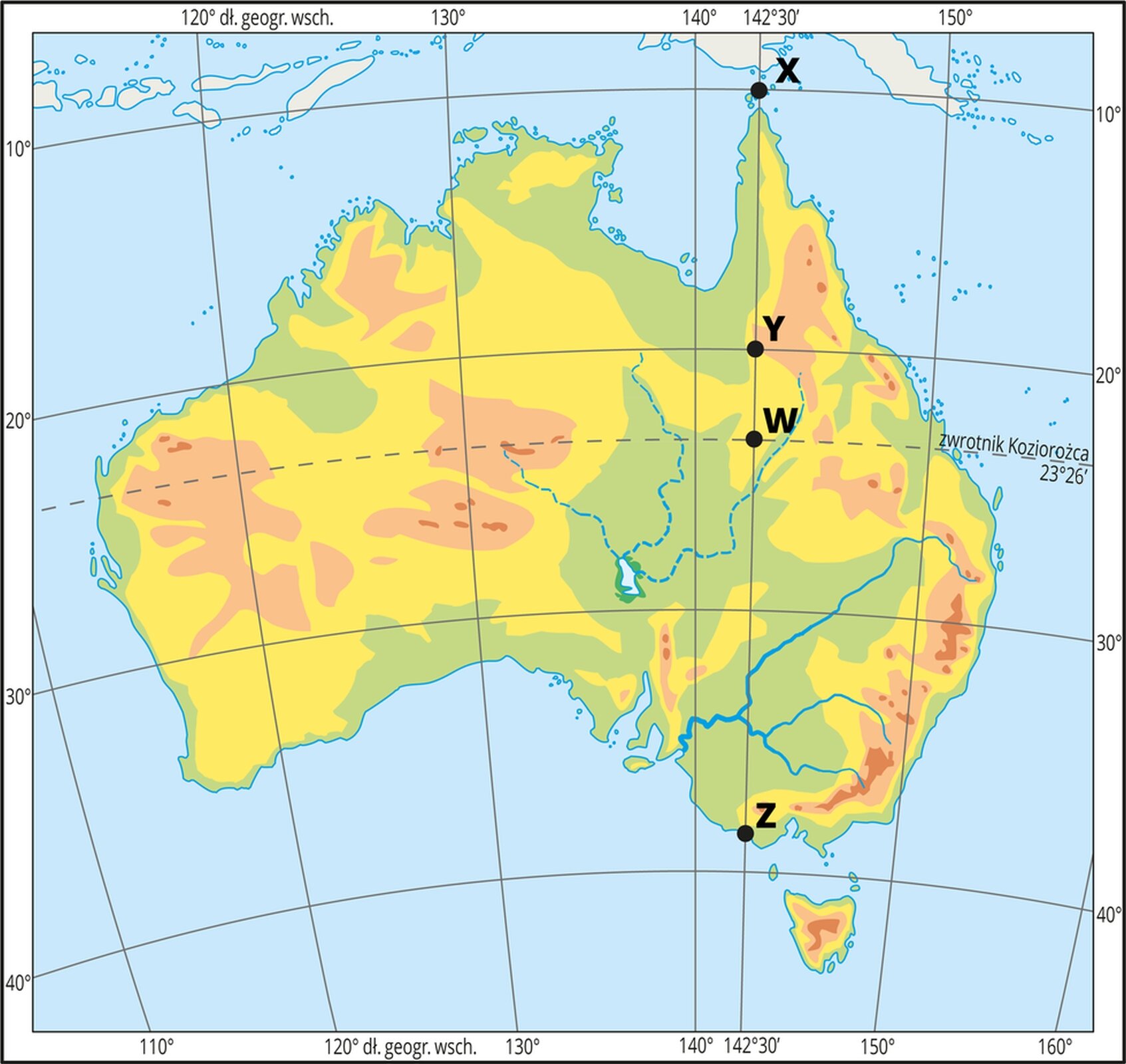 Mapa hipsometryczna Australii. Dookoła naniesiono ramkę z wartościami długości i szerokości geograficznej. Na mapie siatka południków i równoleżników. Na mapie literami W, X, Y, Z oznaczono cztery charakterystyczne punkty. Wszystkie z nich znajdują się na sto czterdziestym drugim stopniu i trzydziestej minucie długości geograficznej wschodniej. Punkt oznaczony literą W znajduje się na zwrotniku Koziorożca, czyli dwudziestym trzecim stopniu i dwudziestej szóstej minucie szerokości geograficznej południowej. Punkt oznaczony literą X znajduje się na dziesiątym stopniu szerokości geograficznej południowej. Punkt oznaczony literą Y znajduje się na dwudziestym stopniu szerokości geograficznej południowej. Punkt oznaczony literą Z znajduje się na trzydziestym dziewiątym stopniu szerokości geograficznej południowej.