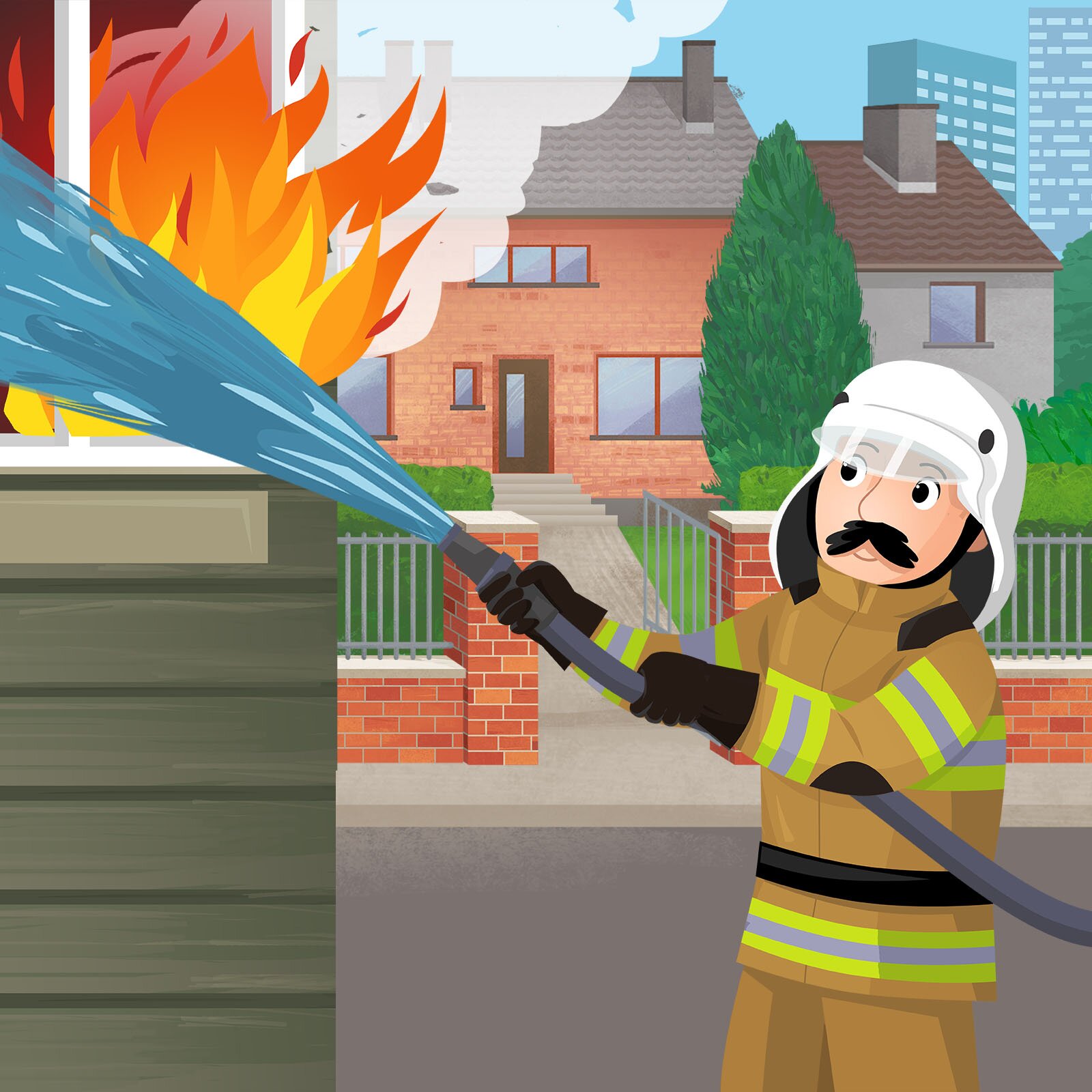 Ilustracja przedstawia strażaka. Gasi on pożar w budynku wężem strażackim.