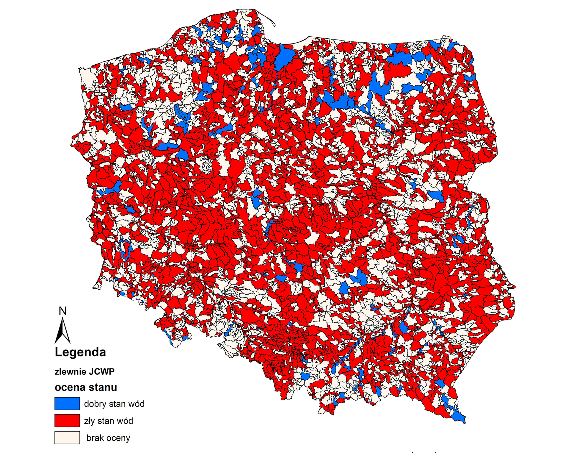 Mapa Polski przedstawia stan wód powierzchniowych. Dobry stan wód występuje miejscowo na Warmii i Mazurach, na pojezierzu, w okolicach Kielc, w Karpatach. W reszcie miejsc występuje zły stan wód lub brak oceny jej stanu.
