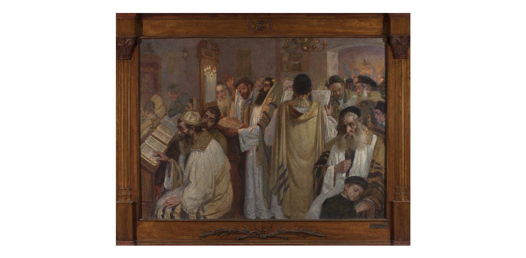 Ilustracja przedstawia wnętrze świątyni. Jest ona wypełniona mężczyznami w różnym wieku. Są ubrani w odświętne białe szaty z kołnierzami wyszywanymi złotą nicią. Na ramionach mają złote peleryny z granatowymi pasami. Po lewej stronie stoją drewniane ławki z pulpitami. Siedzące na nich postaci studiują księgi religijne. Za ich plecami stoi wąski pulpit. Stoją na nim wysokie zapalone świece i wielka księga. Stojący przy niej mężczyzna unosi głowę i ręce. Po prawej stronie obrazu stoją w okręgu rozmodleni mężczyźni. Na pierwszym planie ukazany jest zamyślony starzec. Tuli kilkuletniego chłopca.