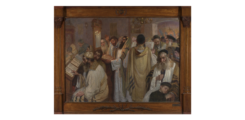 Ilustracja przedstawia wnętrze świątyni. Jest ona wypełniona mężczyznami w różnym wieku. Są ubrani w odświętne białe szaty z kołnierzami wyszywanymi złotą nicią. Na ramionach mają złote peleryny z granatowymi pasami. Po lewej stronie stoją drewniane ławki z pulpitami. Siedzące na nich postaci studiują księgi religijne. Za ich plecami stoi wąski pulpit. Stoją na nim wysokie zapalone świece i wielka księga. Stojący przy niej mężczyzna unosi głowę i ręce. Po prawej stronie obrazu stoją w okręgu rozmodleni mężczyźni. Na pierwszym planie ukazany jest zamyślony starzec. Tuli kilkuletniego chłopca.