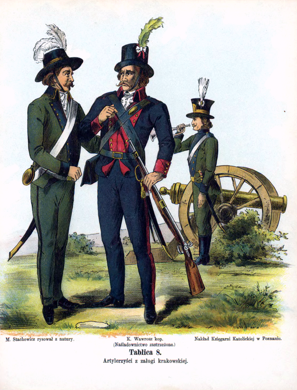 Kliknij, aby powiększyć Na ilustracji żołnierze. Mężczyzna po lewej stronie ma czapkę z piórami oraz szable, a obok niego mężczyzna z bronią. Ma czapkę z piórem. W tle armata, a przed nią trębacz z szablą. Na dole napis: M. Stachowicz rysował z natury. K. Wawrosz ko. (Naśladownictwo zastrzeżone) Tablica 8 Artylerzyści z załogi krakowskiej. Nakład Księgarni Katolickiej w Poznaniu.