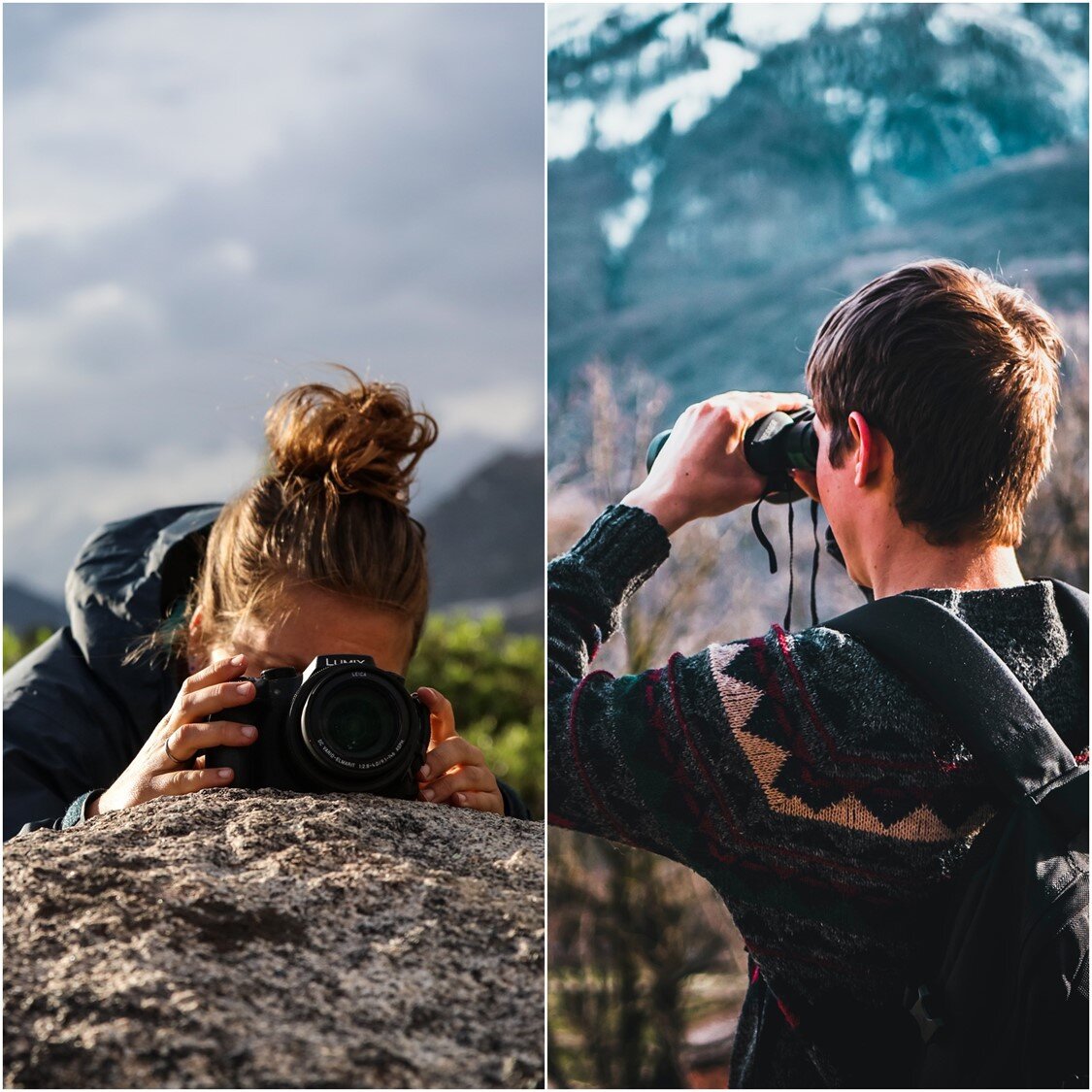 Ilustracja składa się z dwóch zdjęć przedstawiających osoby obserwujące przyrodę. Po lewej stronie znajduje się zdjęcie, które przedstawia kobietę robiącą zdjęcie aparatem fotograficznym, częściowo ukrytą za dużym kamieniem, w otoczeniu górskiego krajobrazu. Po prawej stronie znajduje się zdjęcie mężczyzny z plecakiem, patrzącego przez lornetkę w stronę gór. Obie osoby są zaangażowane w poznawanie natury – jedna poprzez fotografię, druga poprzez obserwację terenową.