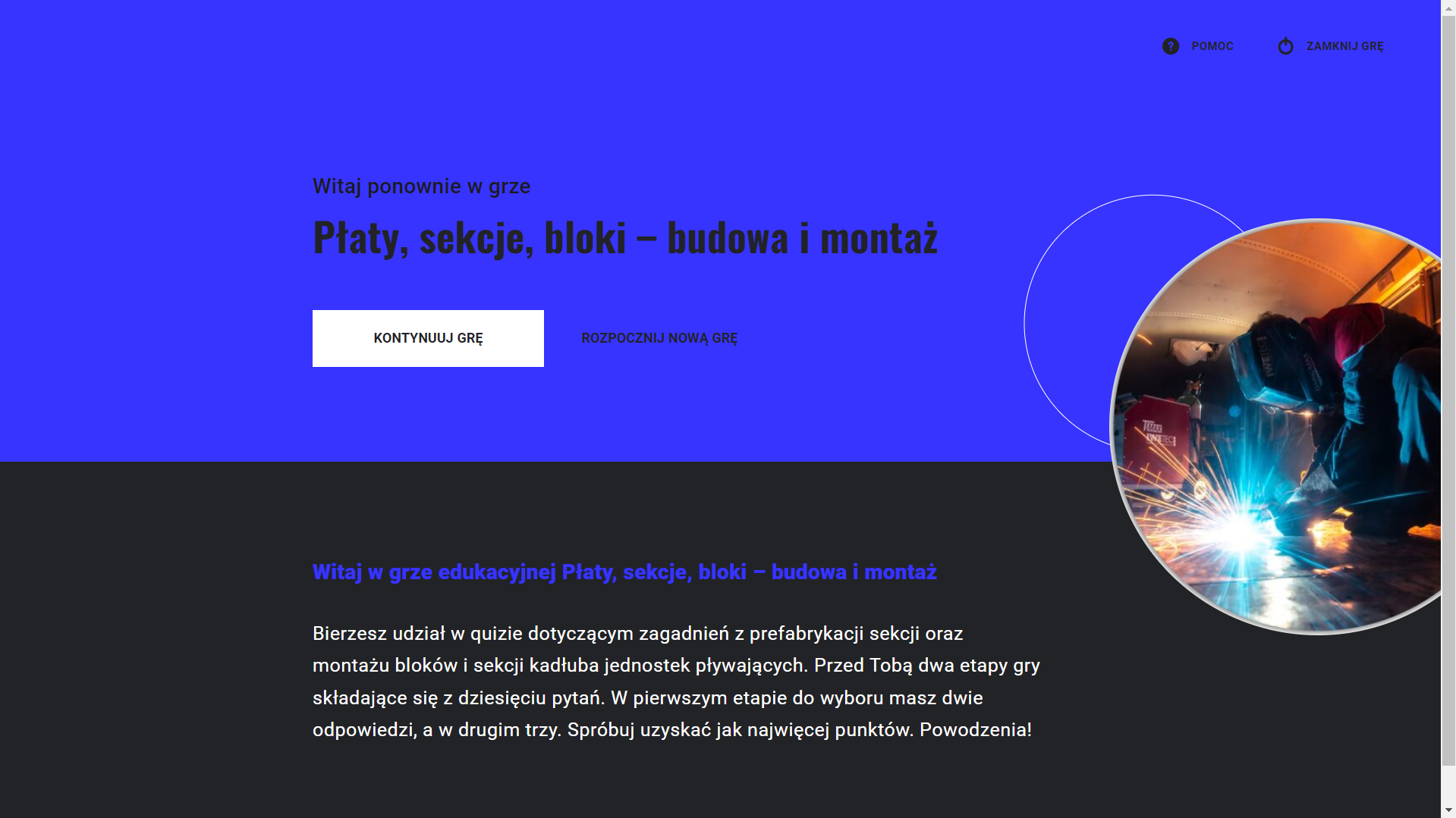 Grafika przedstawia wygląd planszy startowej z gry edukacyjnej po ponownym uruchomieniu gry. Pod tytułem widoczne są dwa przyciski: kontynuuj grę oraz rozpocznij nową grę.