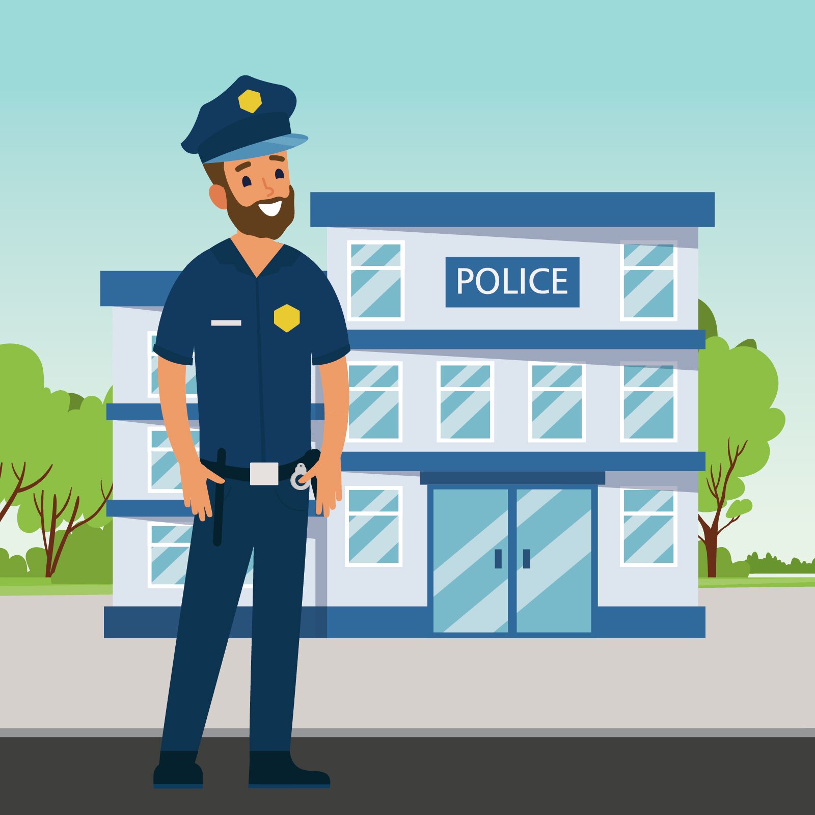 Ilustracja przedstawia wesołego, brodatego policjanta. Ubrany jest w granatowy mundur i czapkę policyjną. Na piersi przyczepiony ma imiennik oraz odznakę. Na pasku widoczna jest pałka policyjna oraz kajdanki. Za policjantem stoi wysoki niebieski budynek z napisem Police.