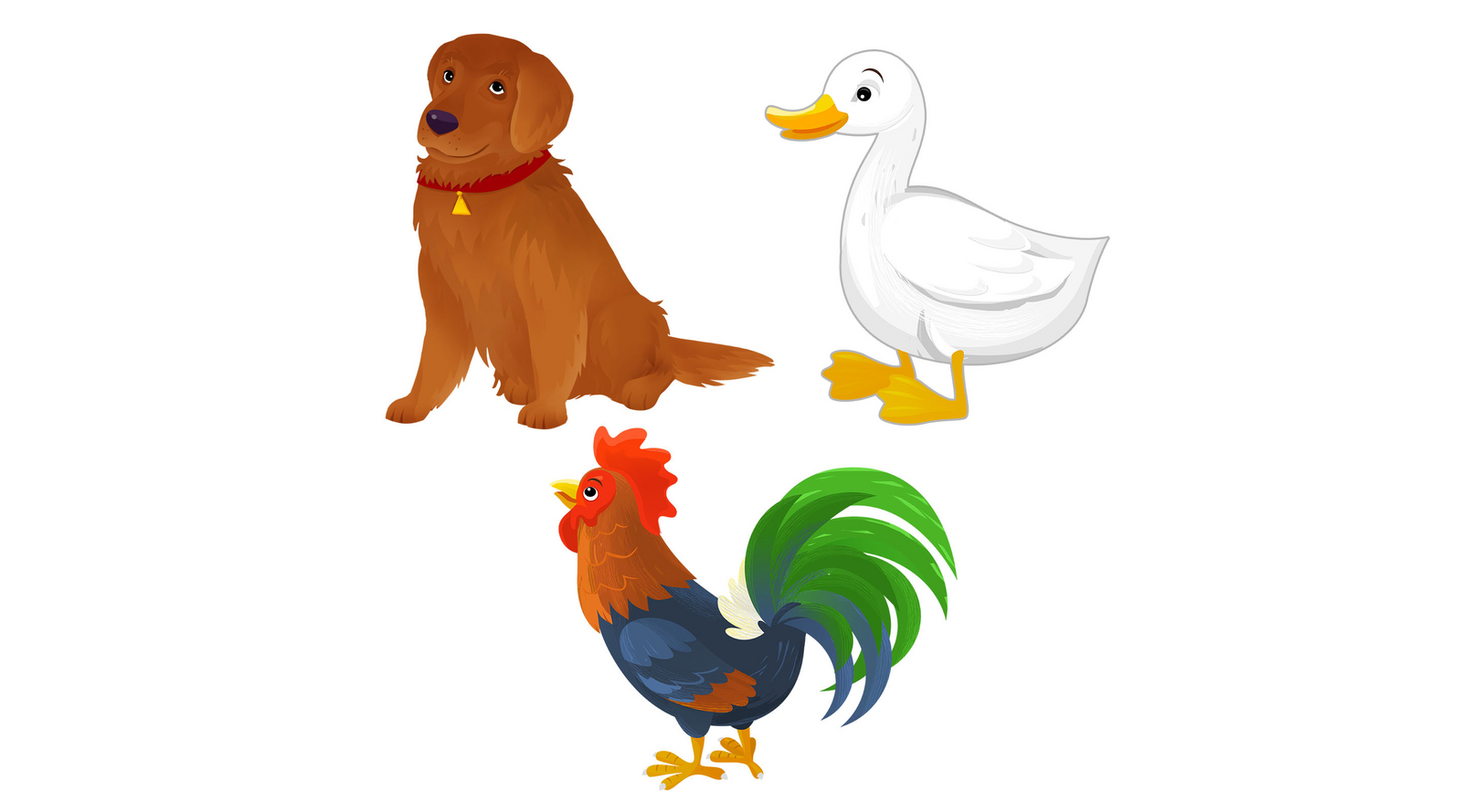 Na ilustracji znajdują się zwierzęta: pies, kaczka, kogut.