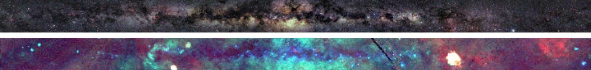 Rys. 6. Ilustracja przedstawia 2 poziome zdjęcia w kształcie wąskich i bardzo długich prostokątów. Na górnym zdjęciu na ciemnym tle widać białą, poziomą smugę o zmiennej jasności. Na dolnym zdjęciu na ciemnym tle widać barwne smugi w kolorach niebieskim, fioletowym i czerwonym znacznie jaśniejsze niż na górnym zdjęciu. Poza tym pojawiło się kilka bardzo jasnych, białych punktów i obszarów, będących źródłem promieniowania rentgenowskiego.