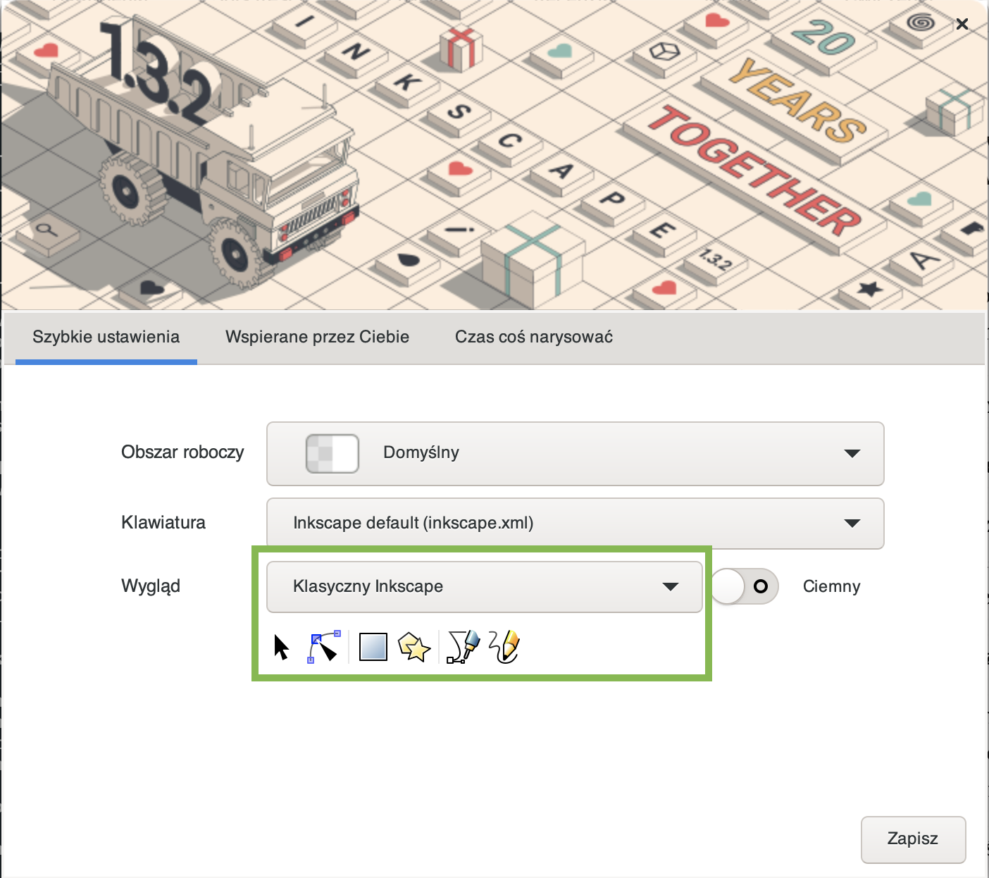 Grafika przedstawia okno szybkich ustawień, gdzie wybrać można obszar roboczy, klawiaturę oraz wygląd wraz z motywem interfejsu. Wybrany został domyślny obszar roboczy. Klawiatura domyślna oraz wygląd klasyczny inkscape. Ustawiony motyw to motyw jasny.