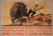 Ilustracja przedstawia mężczyznę, być może chłopa, pracującego na roli. Ciągnie za sobą wielki wóz drewniany na kołach. Przyczepa załadowana po brzegi towarem. On umordowany wciąga to pod wielką górę. Poniżej napis: Jeżeli nie chcesz jak bydlę pracować na spłatę długów niemieckich, głosuj za Polską!