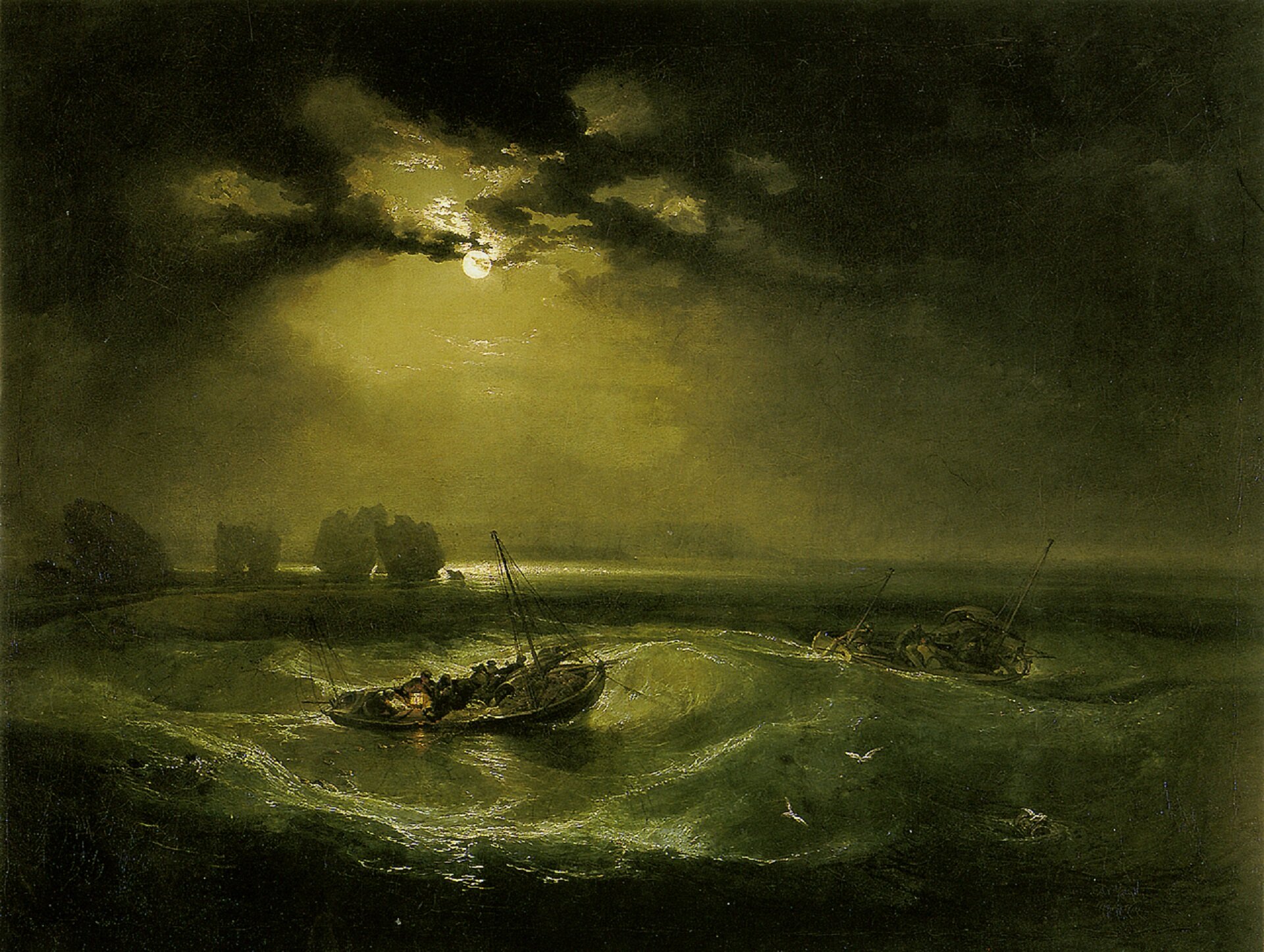 Ilustracja przedstawia obraz Williama Turnera „Rybacy na morzu”. Ukazuje rybacką łódź podczas sztormu. Łódź przechyla się niesiona przez wysokie fale. Promienie księżyca, wyłaniające się zza ciemnych chmur rozświetlają niebo, odbijają się w falach i skupiają się na maleńkiej migoczącej lampce, znajdującej się na pokładzie łodzi rybackiej, znajdującej się w centrum kompozycji. Po lewej stronie znajdują się postrzępione sylwetki skał.