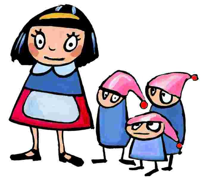 Kolorowy rysunek przedstawia dziewczynkę o czarnych włosach, obok niej z prawej strony stoją trzy małe ludki w czerwonych czapeczkach.