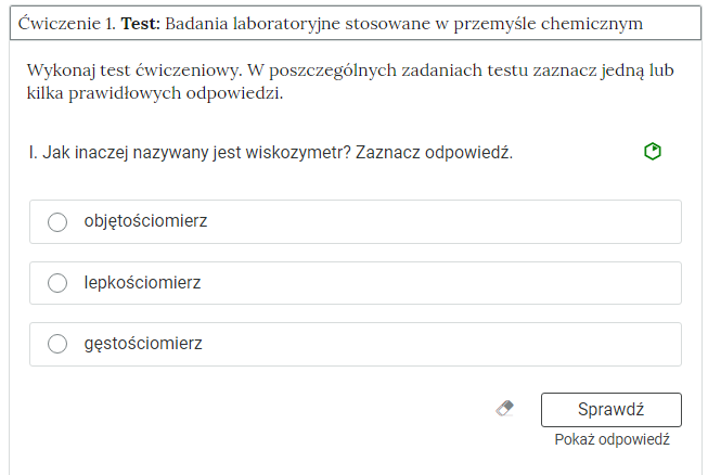 Grafika przedstawia przykładowe ćwiczenie jednokrotnego wyboru, będące elementem interaktywnych materiałów sprawdzających. Ćwiczenie dotyczy badania laboratoryjnego stosowanego w przemyśle chemicznym.