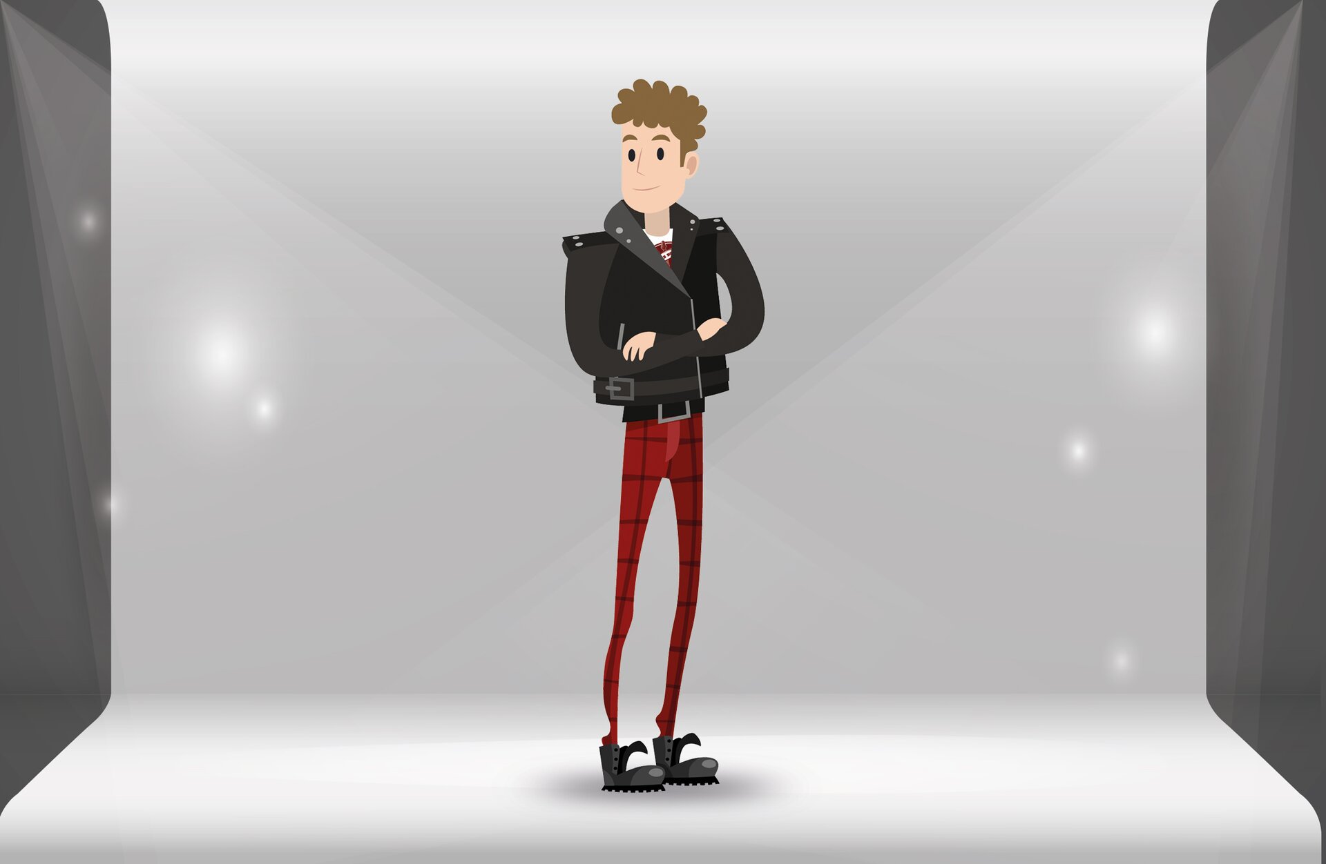 Grafika przedstawia stojącego młodego mężczyznę, którego głowa skierowana jest w lewo i ma założone na siebie ręce na brzuchu. Ubrany jest w obcisłe czerwone spodnie w kratkę, czarną skórzaną kurtkę i czarne buty typu glany. Ma krótkie, brązowe, kręcone włosy.