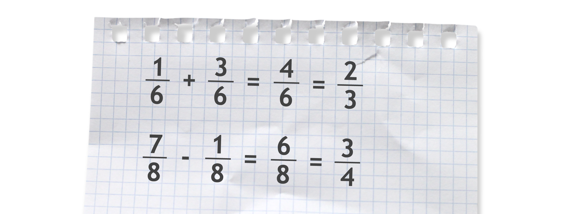Dwa przykłady. Pierwszy: jedna szósta plus trzy szóste równa się cztery szóste równa się dwie trzecie. Drugi: siedem ósmych minus jedna ósma równa się sześć ósmych równa się trzy czwarte.