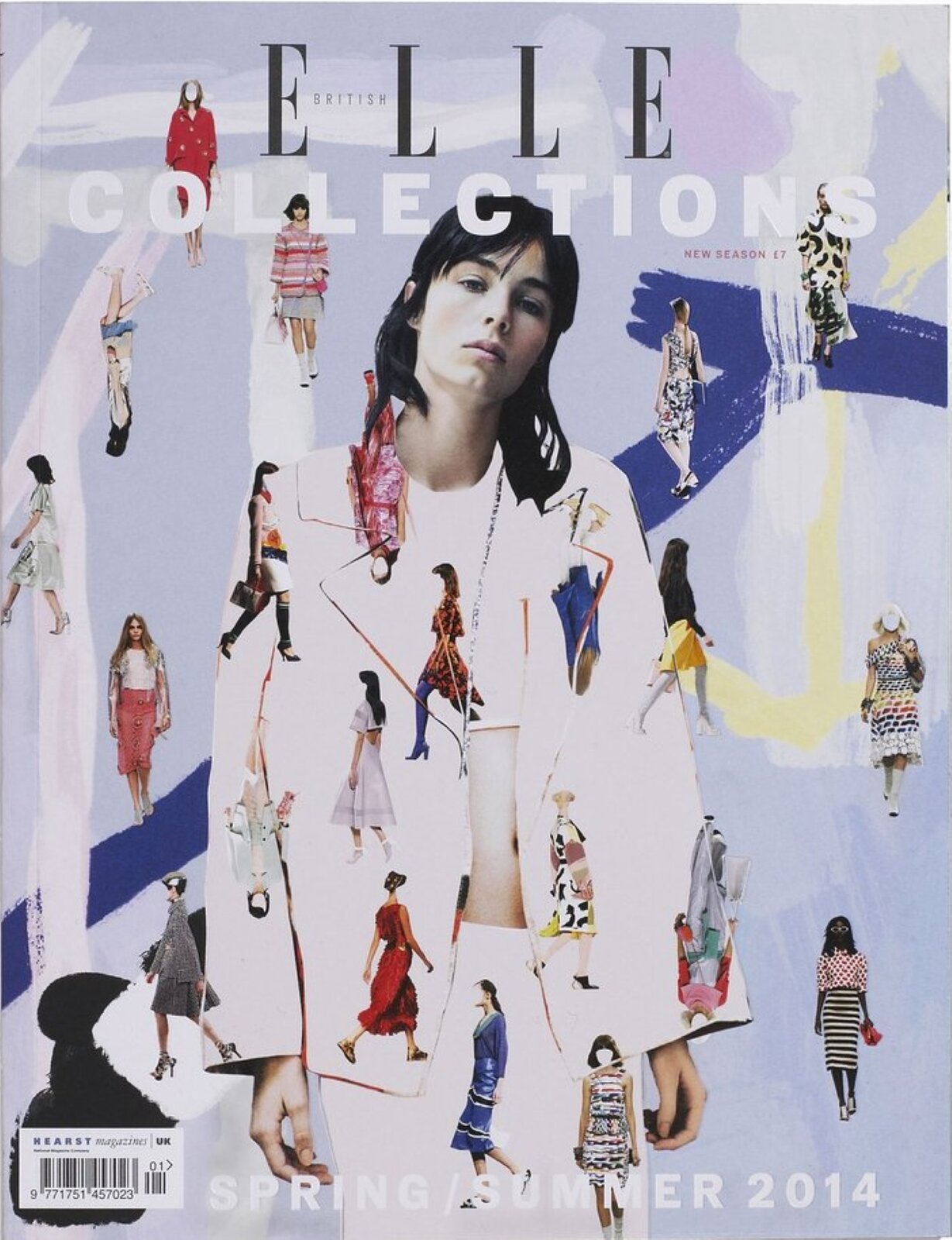 Ilustracja przedstawia okładkę magazynu Elle z 2014 roku wykonaną techniką komputerową. U góry obecny jest czarny napis „ELLE”, pomiędzy literami „e” oraz pierwszym „l” – „BRITISH”, pod spodem biały napis „COLLECTIONS”, a nieco niżej, czerwony napis „NEW SEASON 17”. Na dole umieszczono napis „SPRING/SUMMER 2014”, a po lewej stronie – kod kreskowy wraz z informacjami. Pierwszy plan okładki stanowi ubrana w białą, rozpiętą marynarkę, białe spodnie oraz biały, krótki top ciemnowłosa kobieta. Jest szczupła, ma wydatne usta, jasną skórę oraz sięgające ramion włosy. Ma grzywkę. W tle oraz na jej stroju obecne są wizerunki kobiet przypominających modelki na wybiegu, prezentujące różne stroje, między innymi sukienki.  Ukazane są bokiem lub przodem, większość z niewidocznymi twarzami.