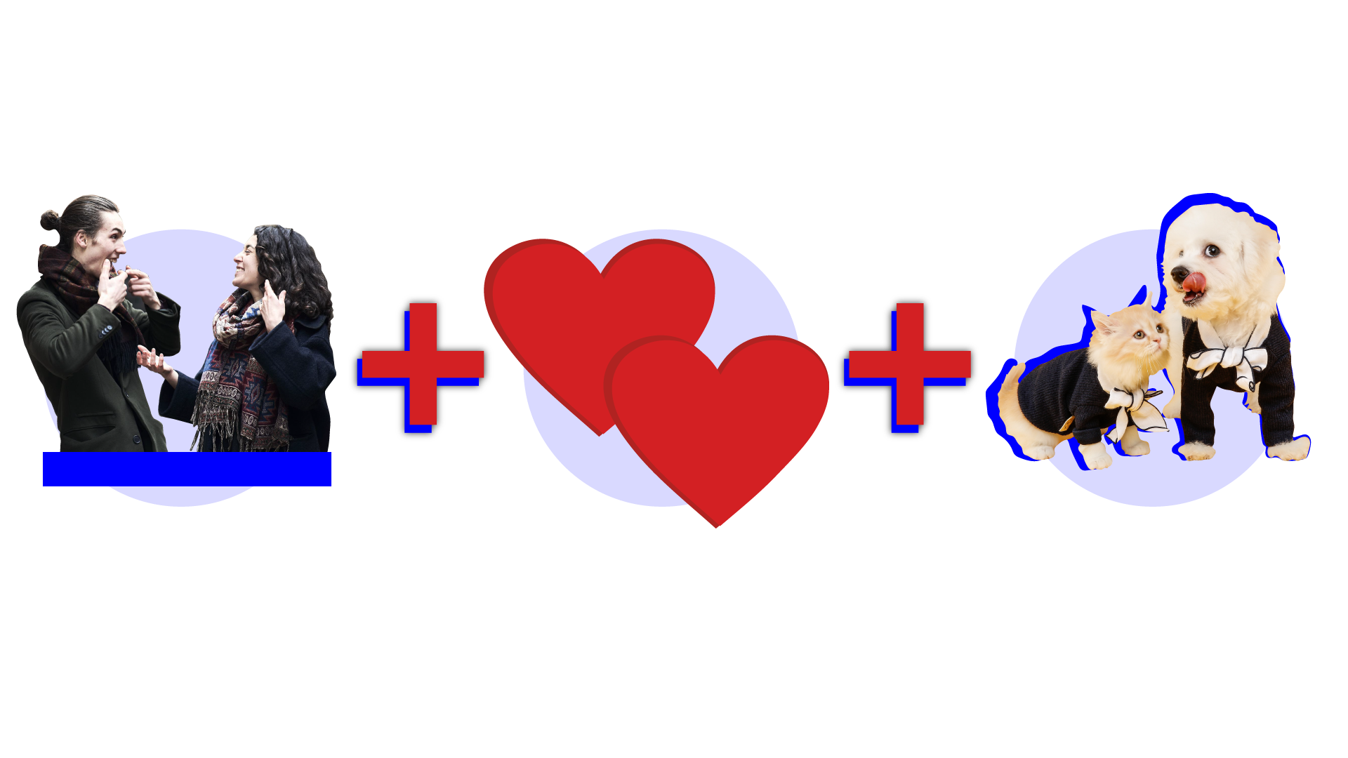 Ilustracja przedstawia rebus złożony z trzech ilustracji, pomiędzy którymi znajduje się znak "+". Pierwsza ilustracja przedstawia dwie osoby, mężczyznę i kobietę, odwróconych w swoją stronę. Druga ilustracja przedstawia symbol dwóch czerwonych serc, a na ostatniej ilustracji widać psa i kota, którzy mają na sobie ubranka dla zwierząt.