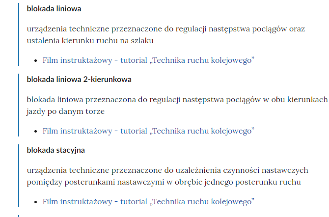 Zrzut ekranu przedstawia kilka pojęć ze Słownika. Konstrukcja jest następująca: pojęcie, poniżej jego wyjaśnienie, a pod nim znajduje się link, po którego kliknięciu użytkownik przenosi się do rozdziału w tym materiale, w którym dane pojęcie jest wykorzystywane. Linków może być jeden lub kilka, w zależności od tego, w ilu rozdziałach użyto pojęcia.