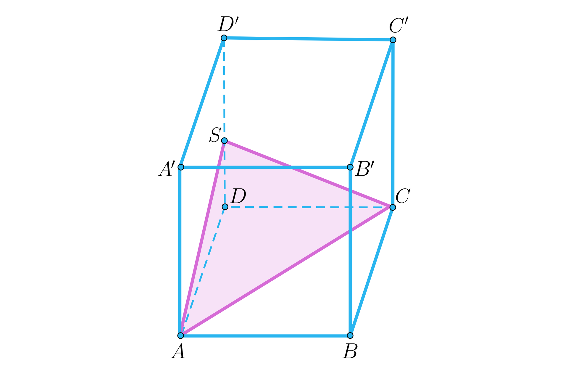 Ilustracja przestawia sześcian o wierzchołkach dolnej podstawy A B C D i wierzchołkach górnej podstawy A' B' C' D'. W sześcian wpisano ostrosłup trójkątny o wierzchołkach A C D S, przy czym punkt S znajduje się w środku krawędzi bocznej D D'.