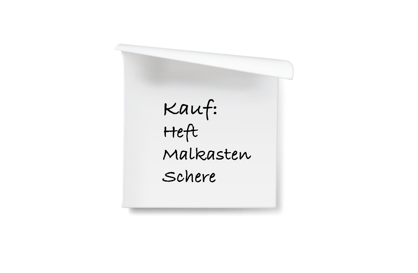 Grafika przedstawia listę zakupów. Znajduje się na niej następujący tekst. Kauf: Heft, Malkasten, Schere.