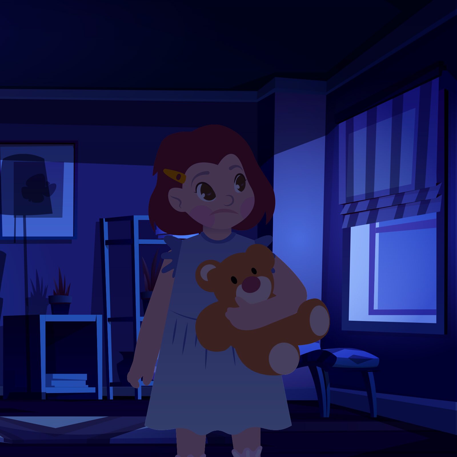 Ilustracja przedstawia ciemny pokój dziecięcy, w którym widoczna jest mała, przestraszona  Sandra trzymająca pluszowego misia. 